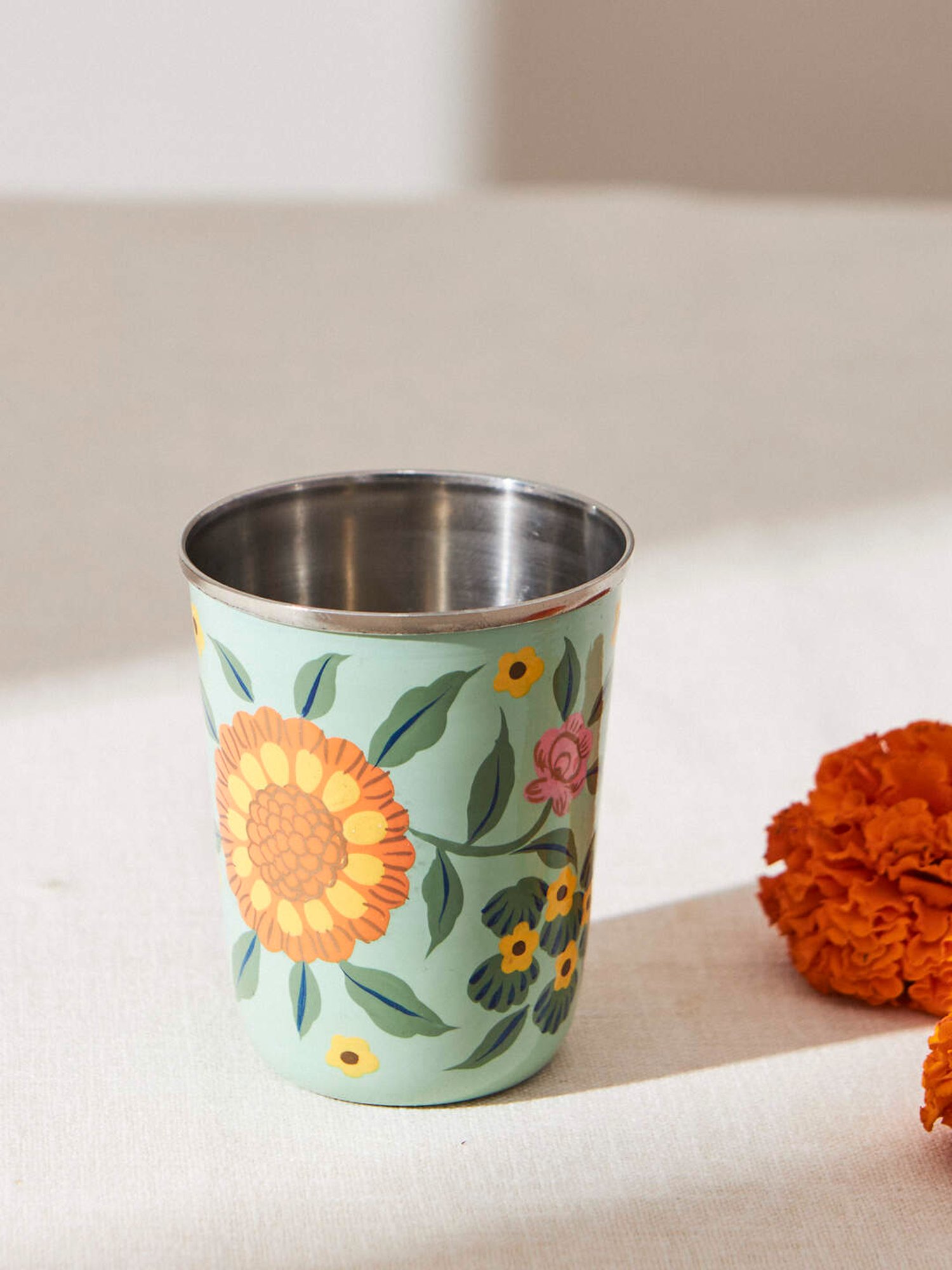 Chumbak Marigold Floral Teal Tumbler (250 ML)