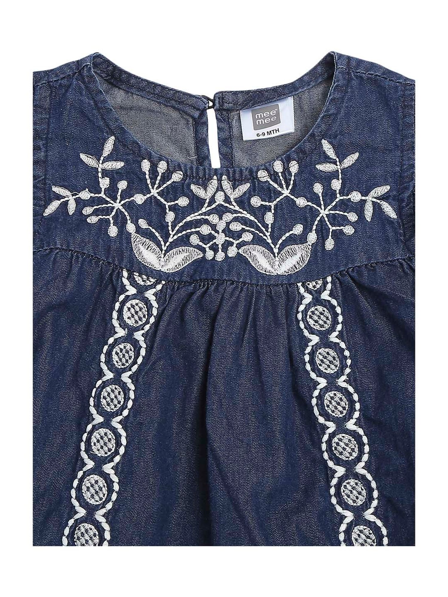 Mee Mee Kids Blue & White Cotton Embroidered Frock