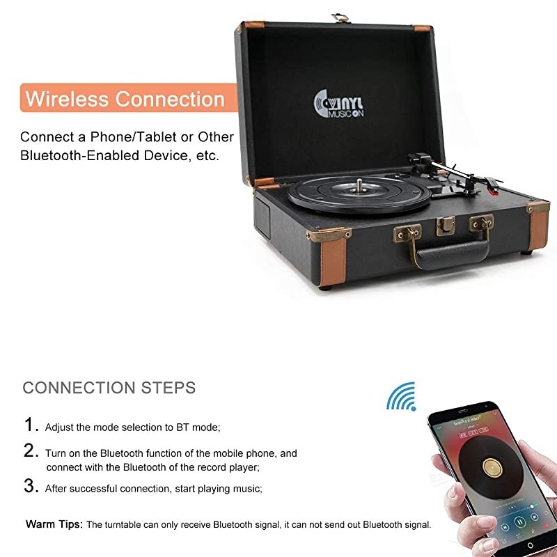 Bluetooth Turntable with Stereo Speakers3 Speed Vinyl Record Player Supporting Wireless Connection Retro Black