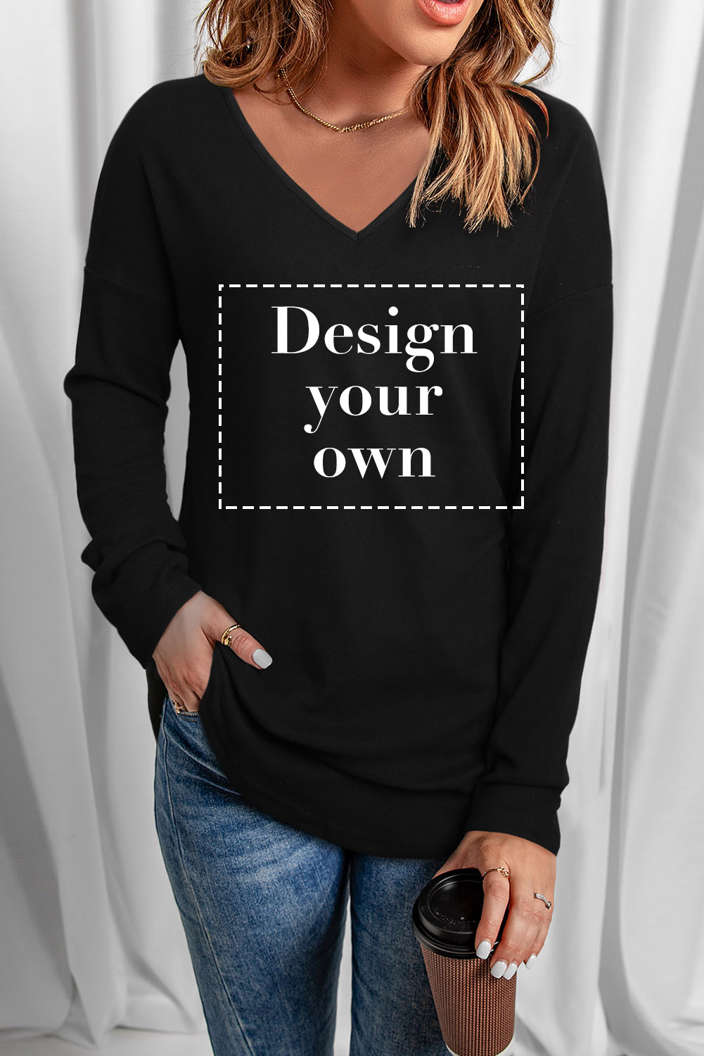 Blank Sweatshirt - Black Casual V Neck Long Sleeve Shirt Customized