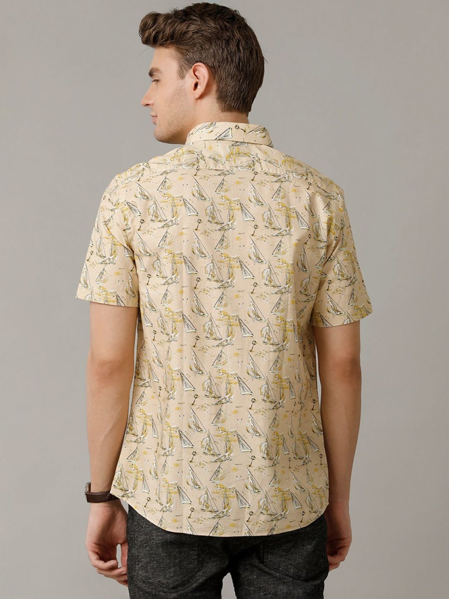 Cavallo By Linen Club Yellow Linen Contemporary Fit Printed Shirt