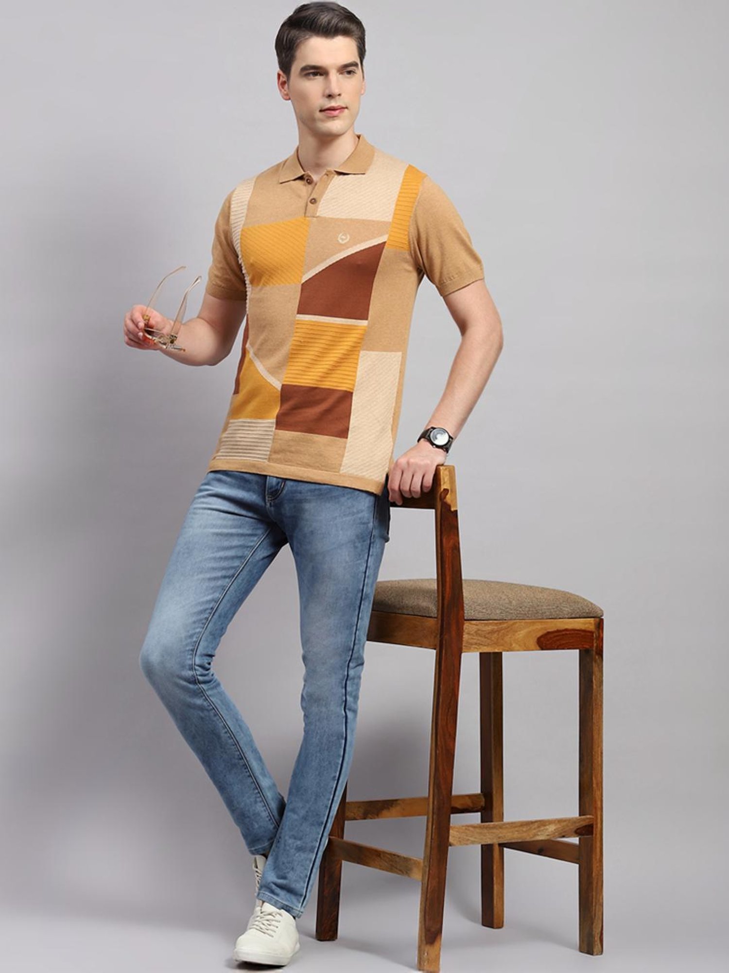 Monte Carlo Camel Cotton Regular Fit Printed Polo T-Shirt