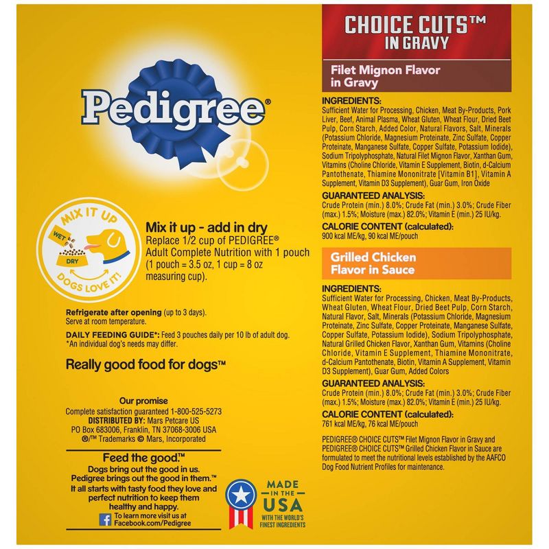 Pedigree Pouch Choice Cuts In Gravy Wet Dog Food Grilled Chiken & Filet Mignon - 3.5oz/8ct Variety Pack