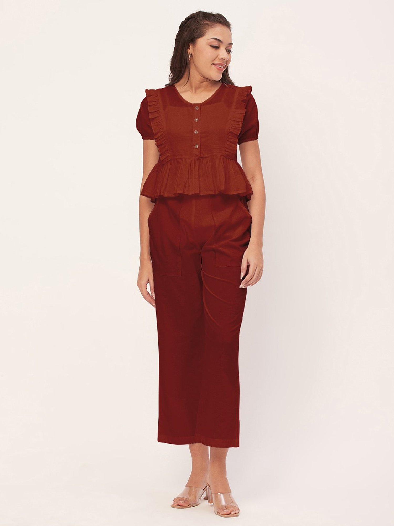 Moomaya Red Cotton Midi Co-ord Set