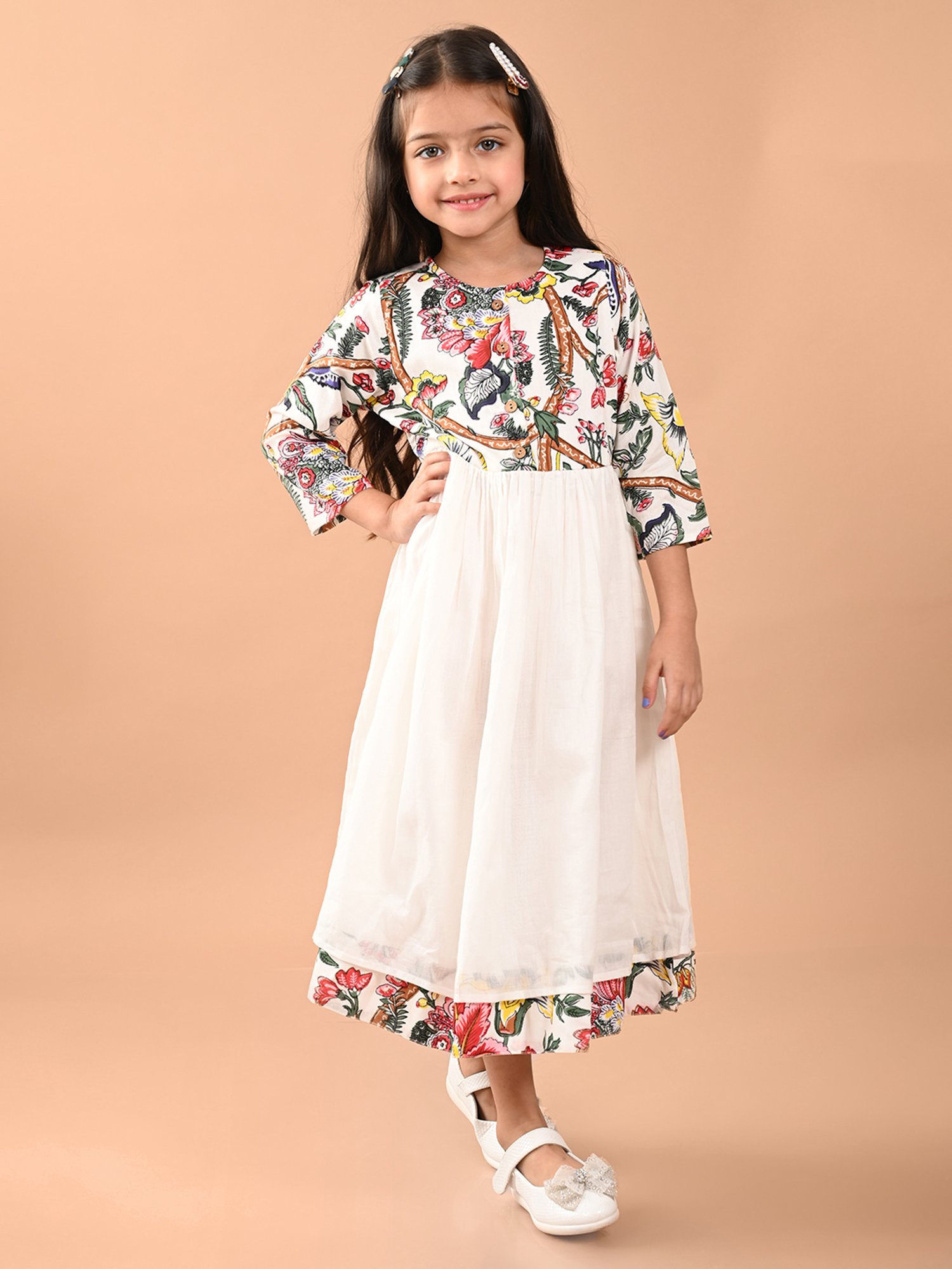 LilPicks Kids White Floral Print Dress