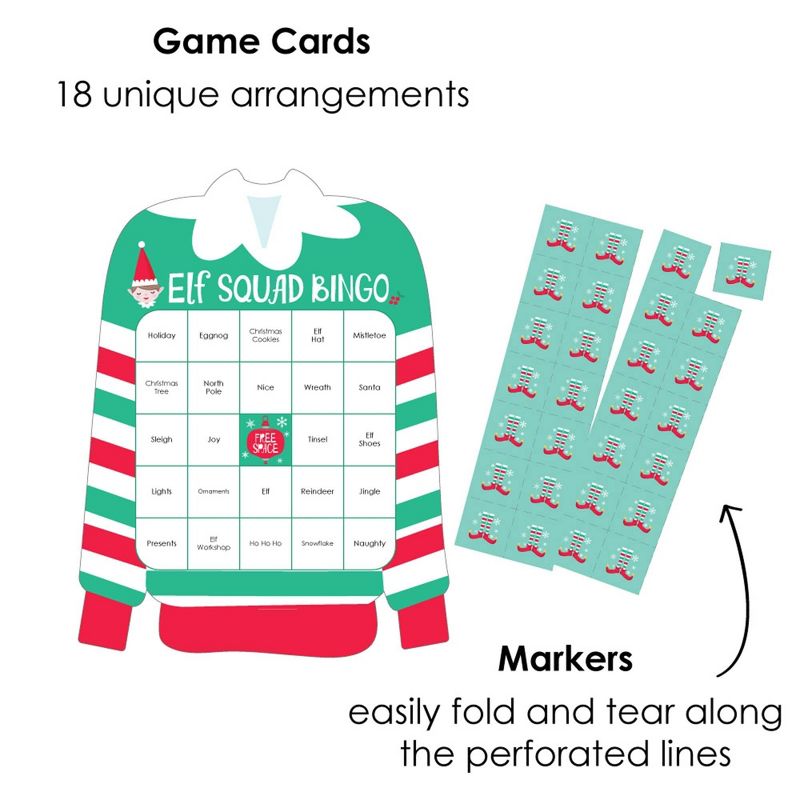 Big Dot of Happiness Elf Squad - Bingo Cards and Markers - Kids Elf Christmas and Birthday Party Shaped Bingo Game - Set of 18