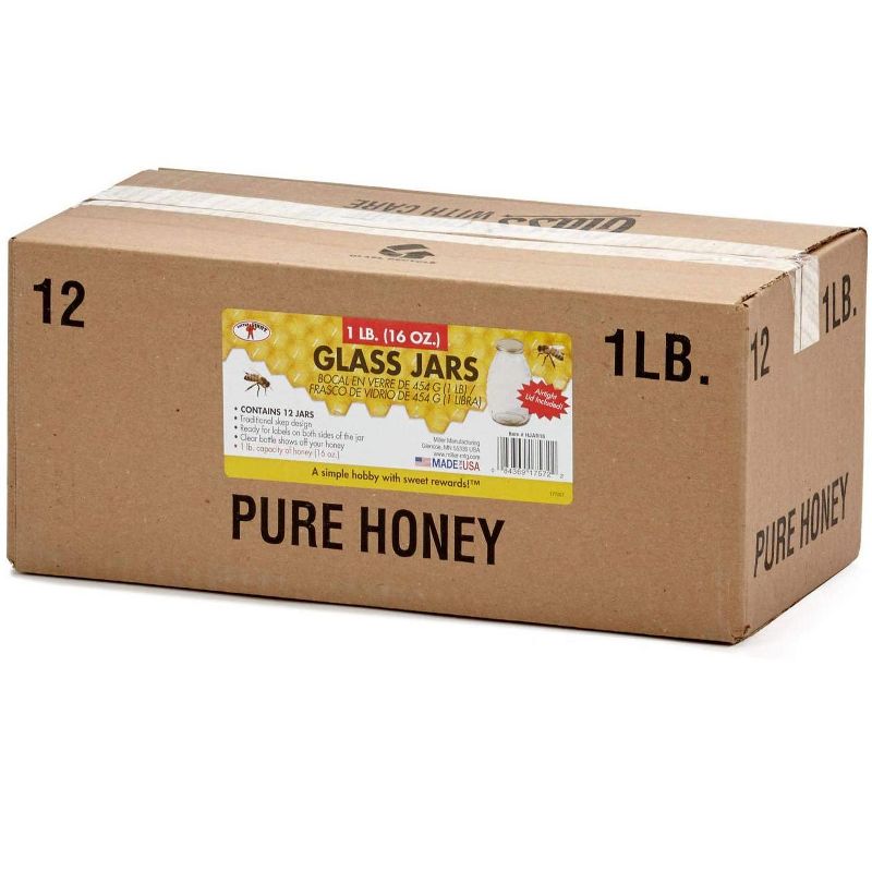 Little Giant 16 Ounce Traditional Skep Design Beekeeping Glass Honey Storage Jar with Airtight Lid and Room for Labels, 36-Pack