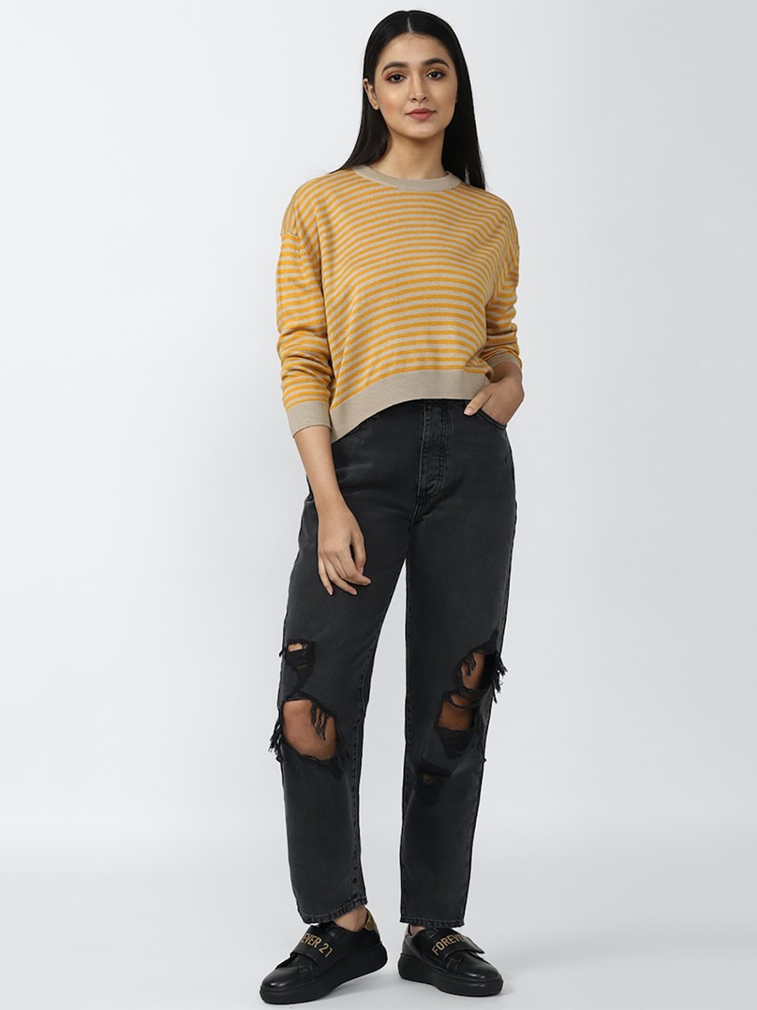 Forever 21 Yellow & Grey Striped Sweater