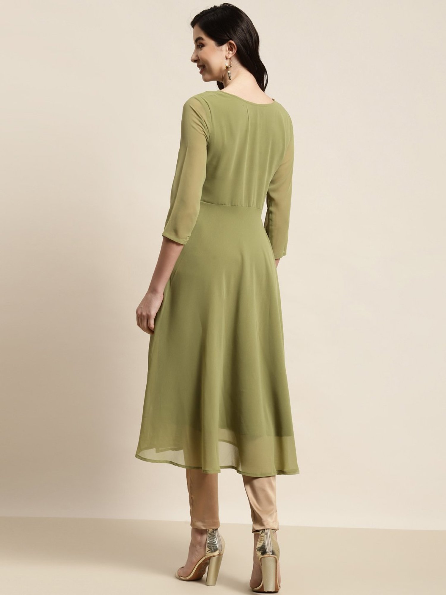 Jompers Green Floral Print A Line Kurta