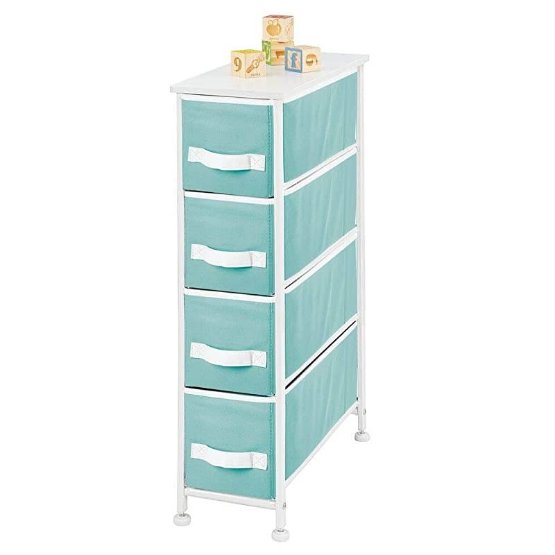 Narrow Vertical Dresser Storage Tower - Sturdy Metal Frame, Wood Top, Easy Pull Fabric Bins - Organizer Unit for Bedroom, Hallway, Entryway, Closet, 4 Drawers - Turquoise/White