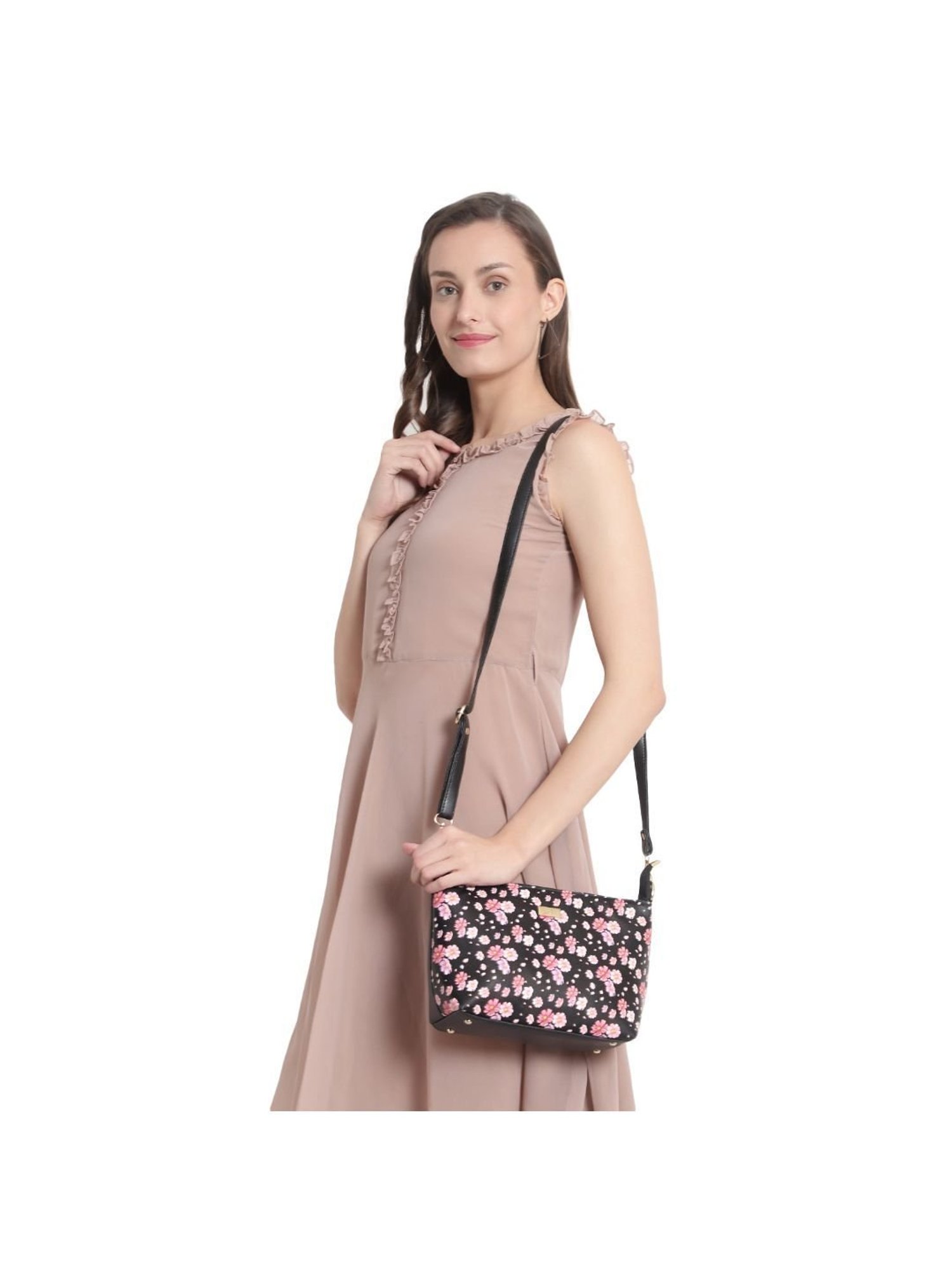 Yelloe Black Floral Medium Cross Body Bag