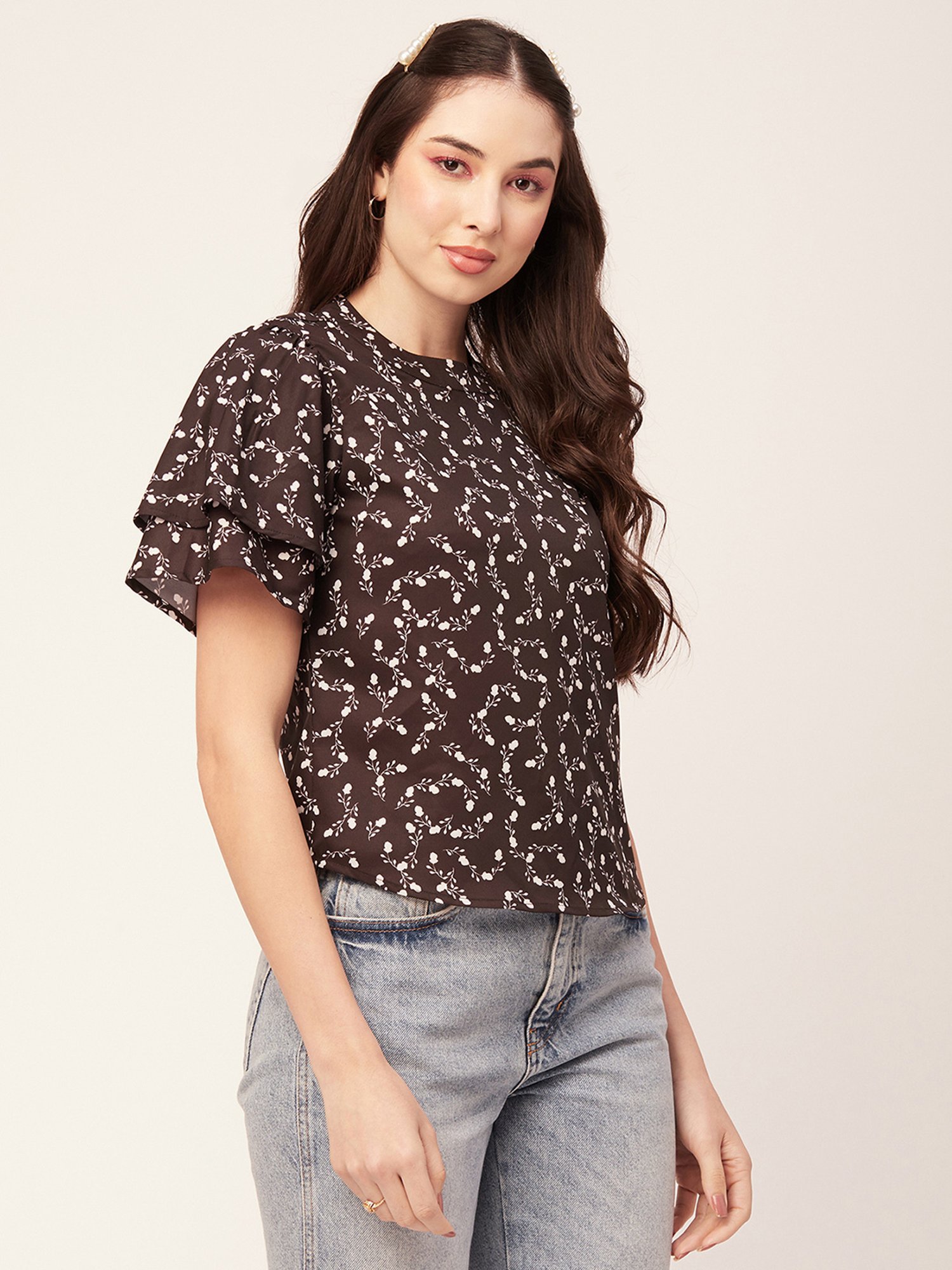 Moomaya Black & White Floral Print Top
