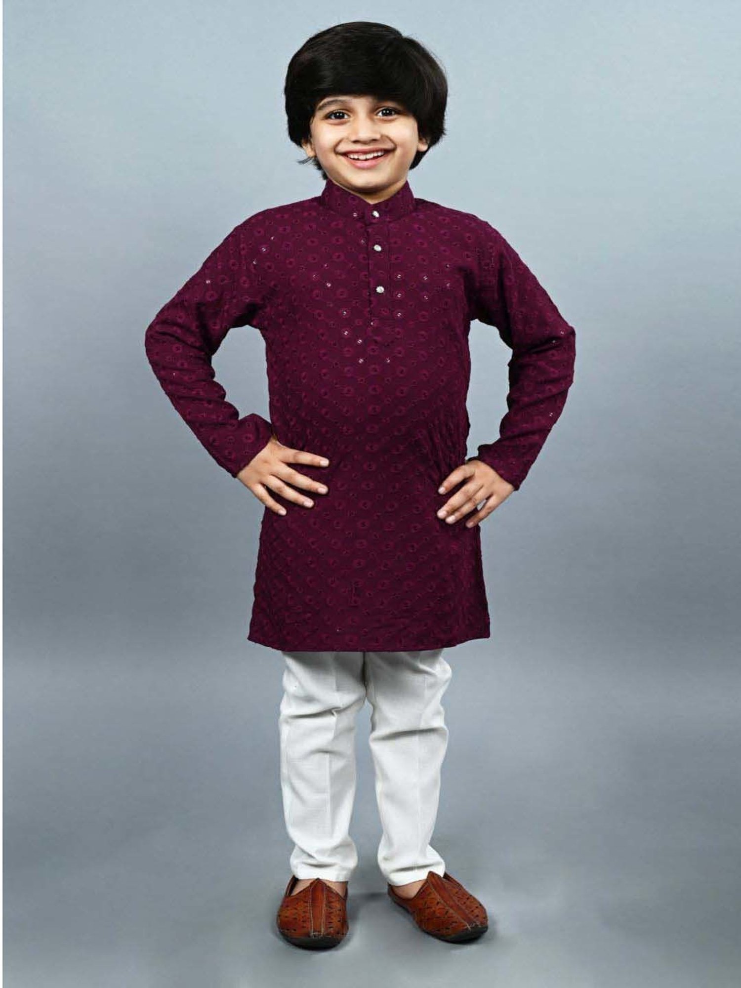 Ahhaaaa Kids Purple & White Cotton Embroidered Full Sleeves Kurta Set