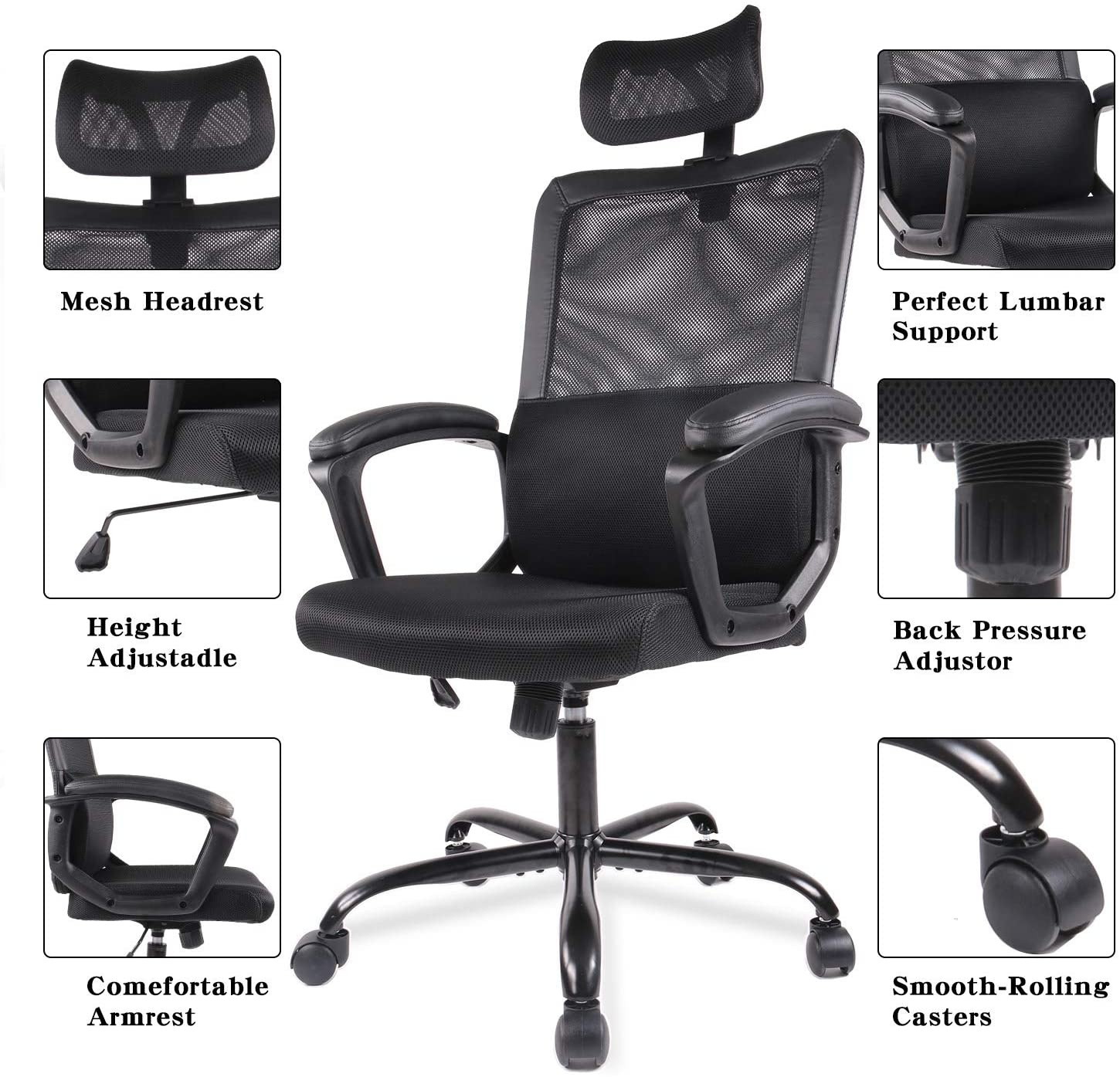 Milemont Ergonomic Office Chair High Back Mesh Office Chair Adjustable Headrest Computer Desk Chair for Lumbar Support