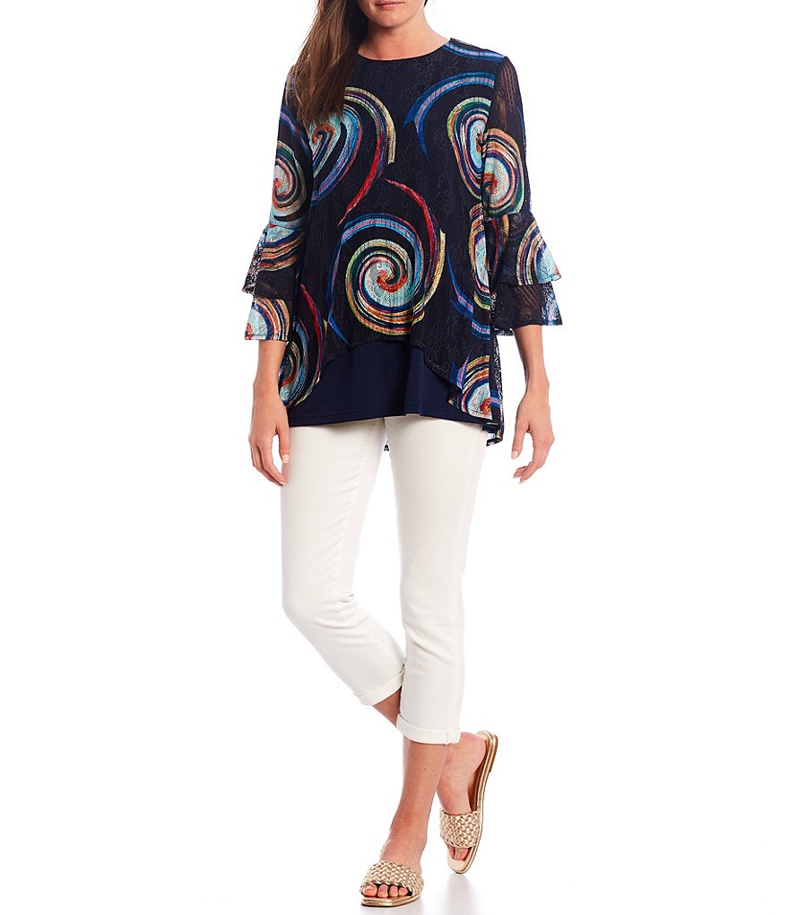 Calessa Mesh Ruffle Cuff Sleeve Swirl Print Jewel Neck Tunic