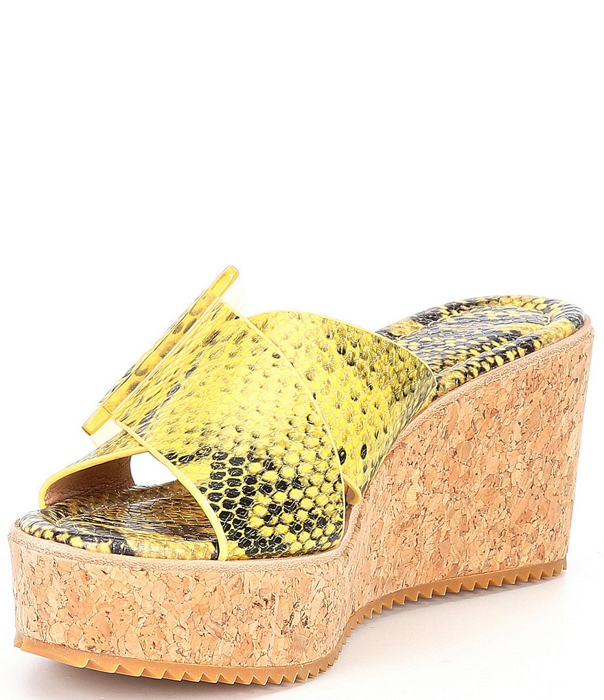 Donald Pliner Illiad Leather Snake Print Buckle Platform Cork Wedges