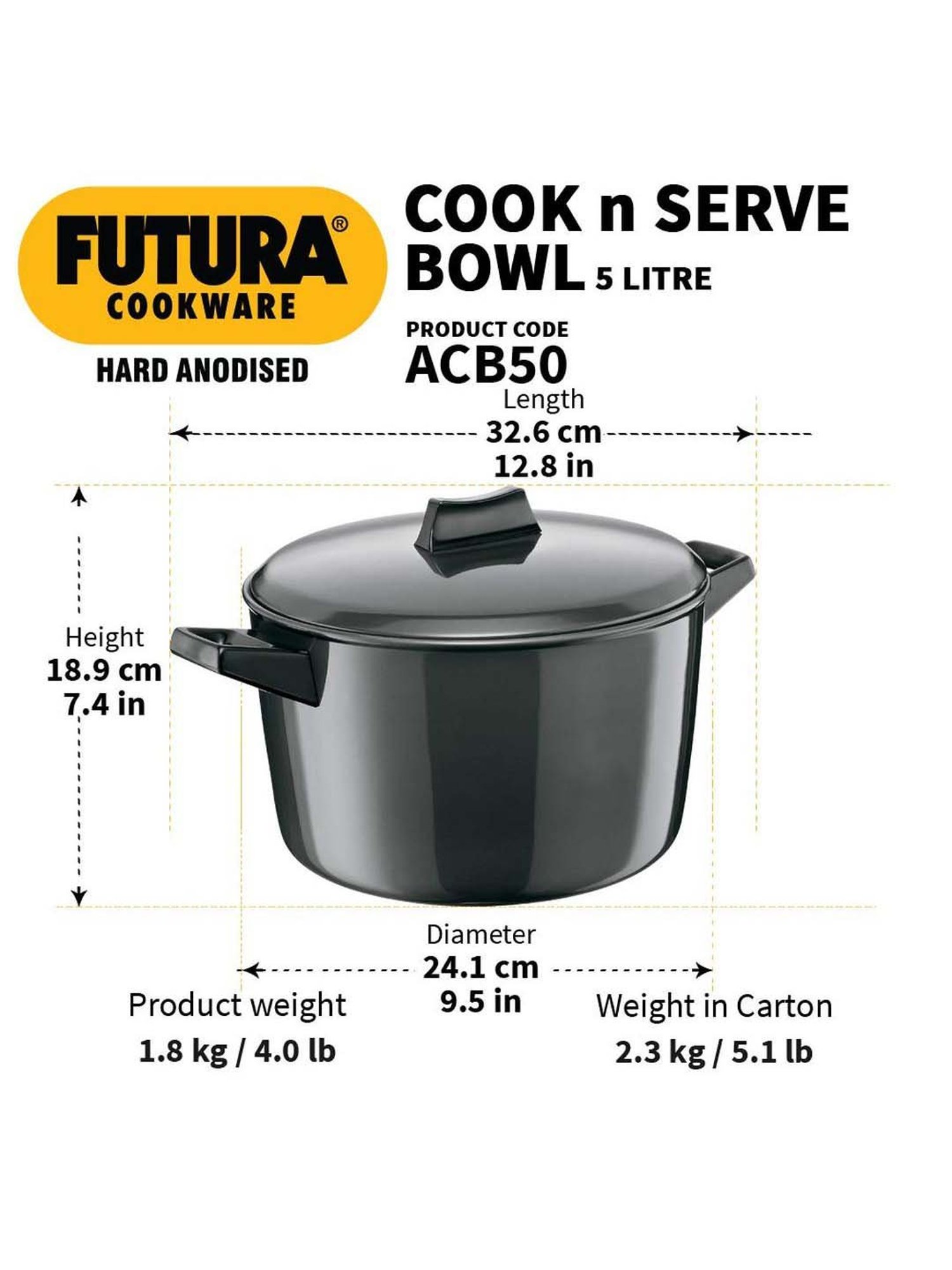 Hawkins Futura Black Nonstick Aluminium 23 cm Cook & Serve Pot with Lid, 5 L