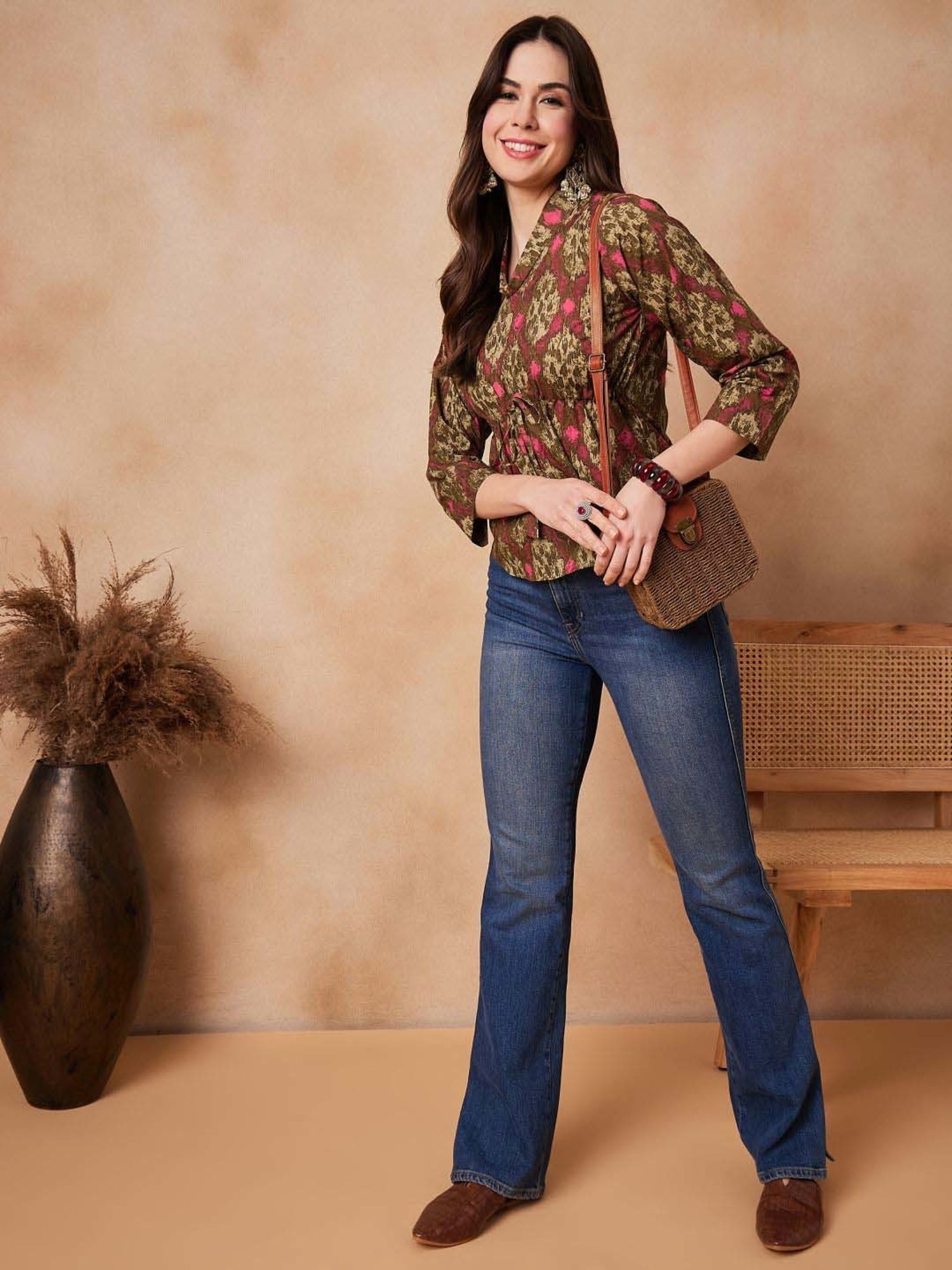 Inweave Olive Green & Pink Cotton Printed Top