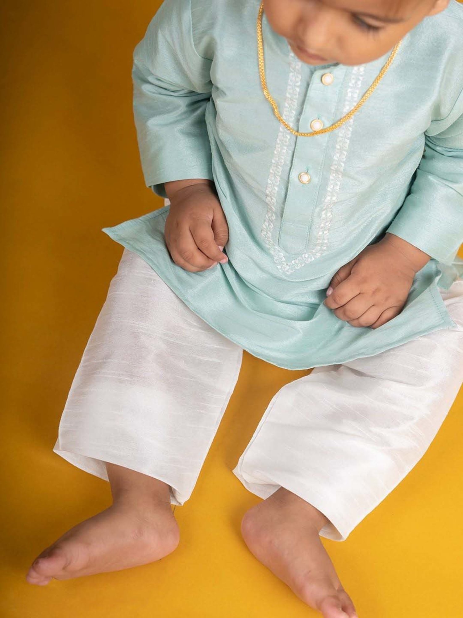 Baby Moo Kids Mint Green & White Regular Fit Full Sleeves Kurta Set