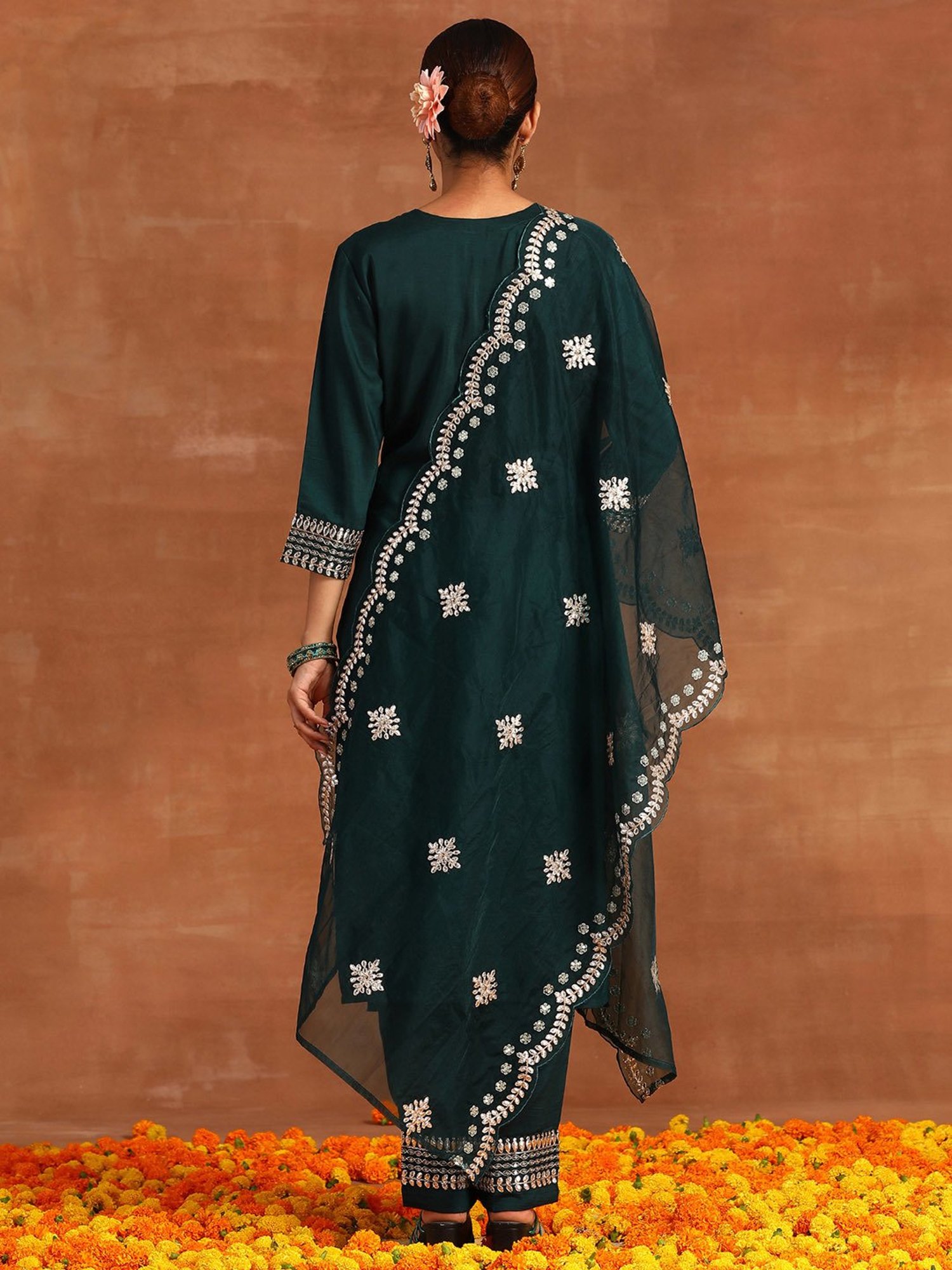 Indo Era Green Embroidered Kurta With Pant & Dupatta