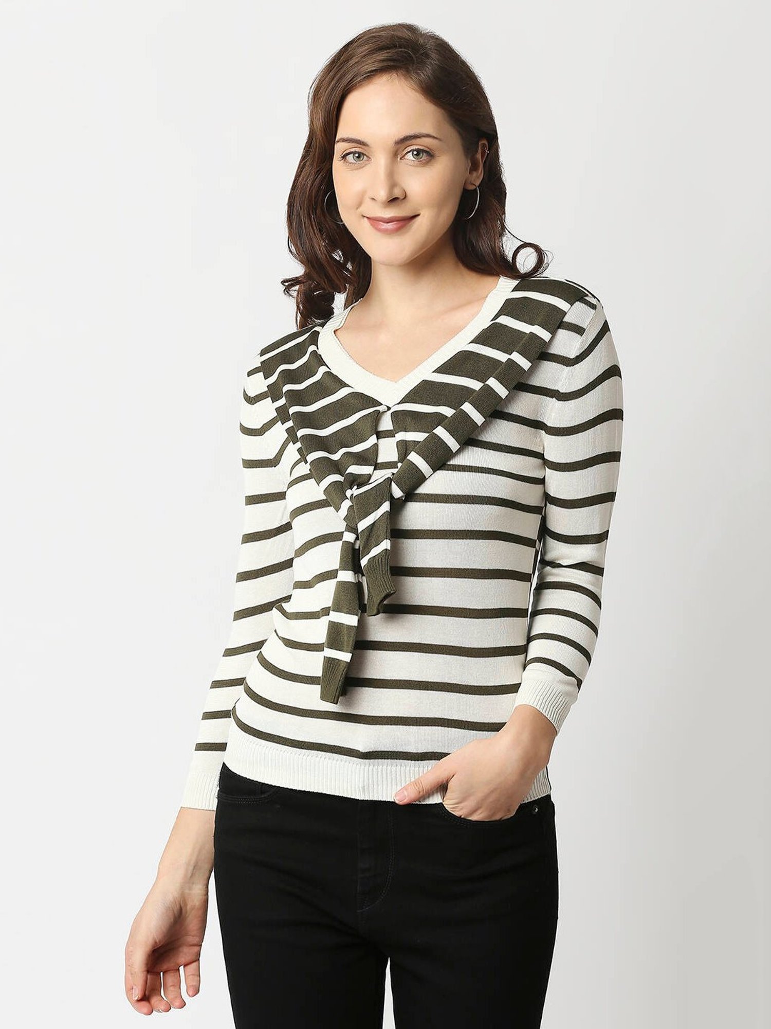 Pepe Jeans Off-White & Green Striped Sweat Top