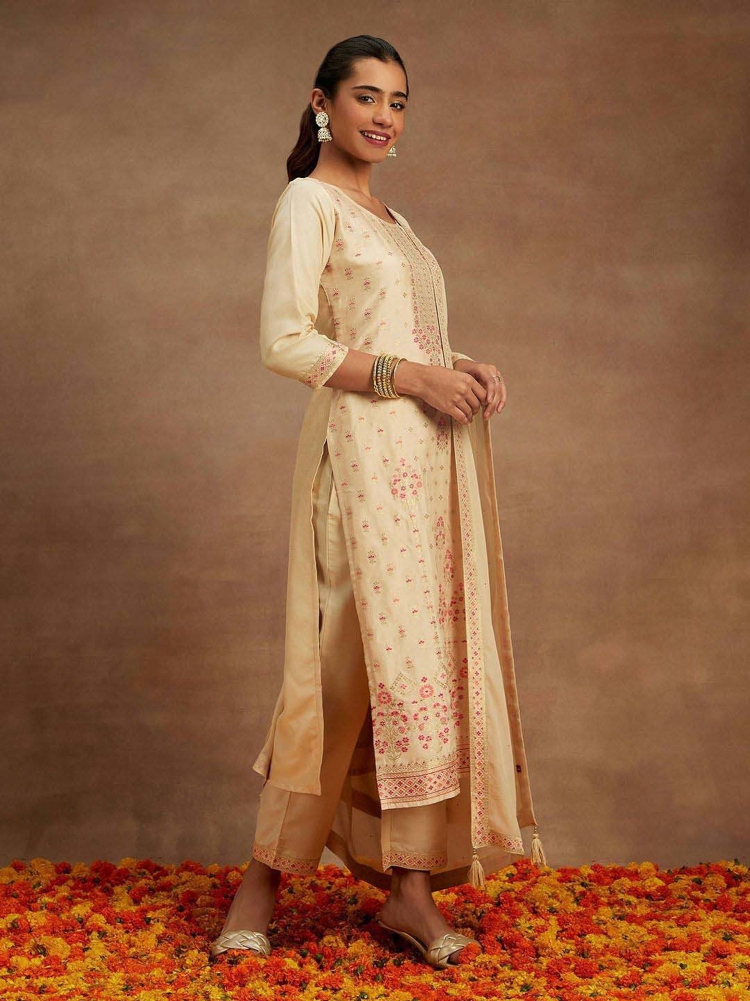 Libas Beige Woven Pattern Kurta Pant Set With Dupatta
