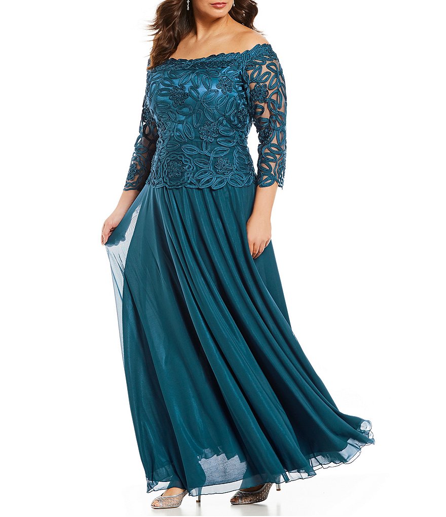Soulmates Plus Size Off-the-Shoulder 3/4 Sleeve Beaded Bodice Lace Gown