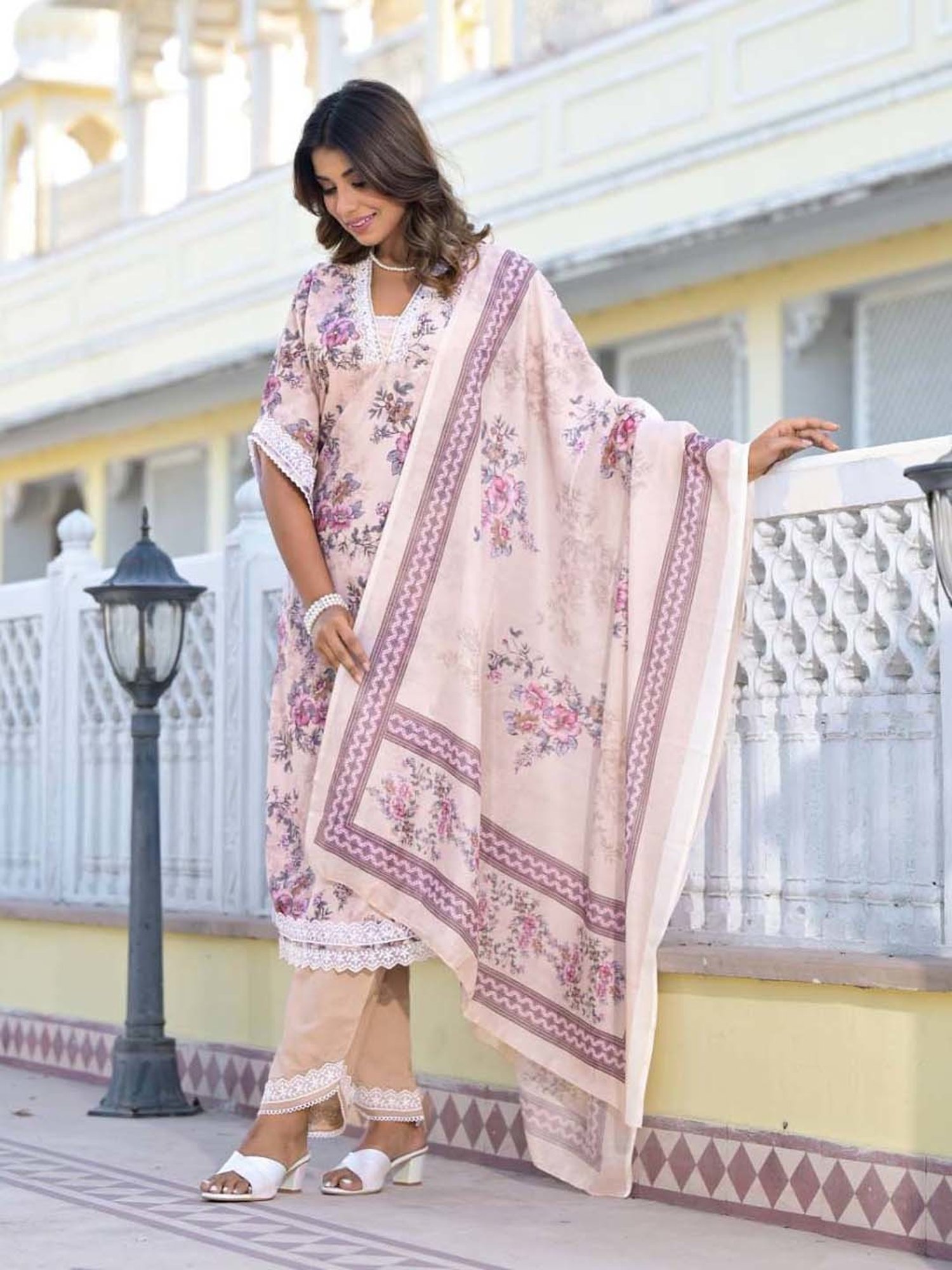 Varanga Beige Cotton Printed Kurta Palazzo Set With Dupatta