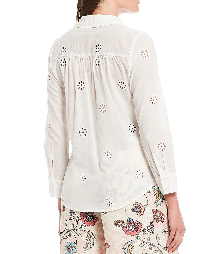 Reba Embroidered Eyelet Button Front Spread Collar Long Sleeve Shirt