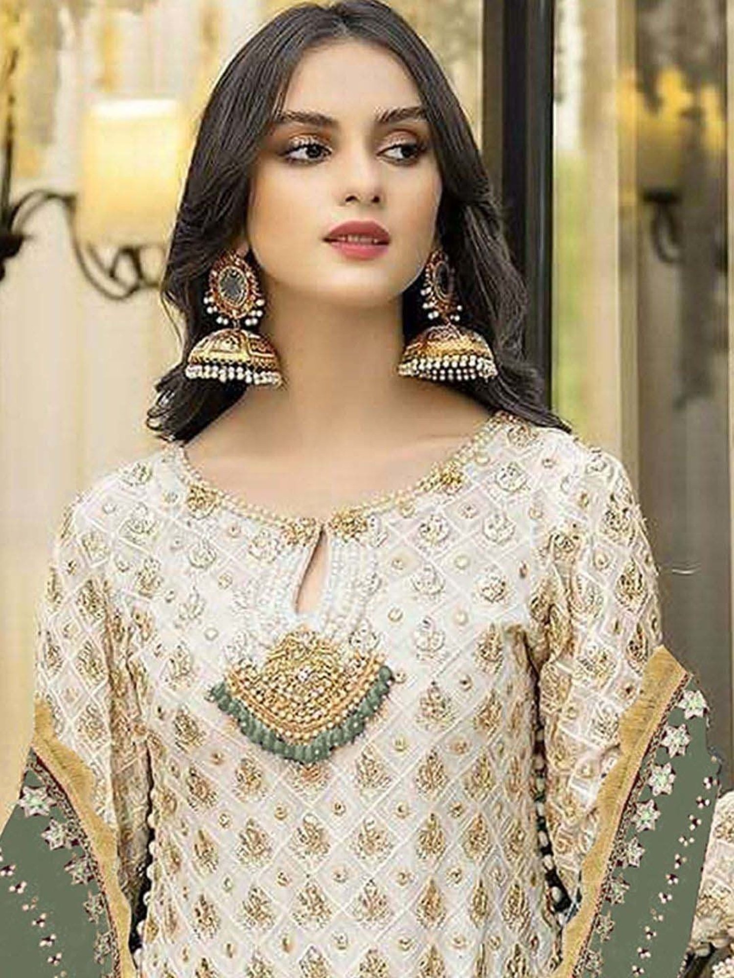 Odette White & Green Embroidered Semi Stitched Dress Material