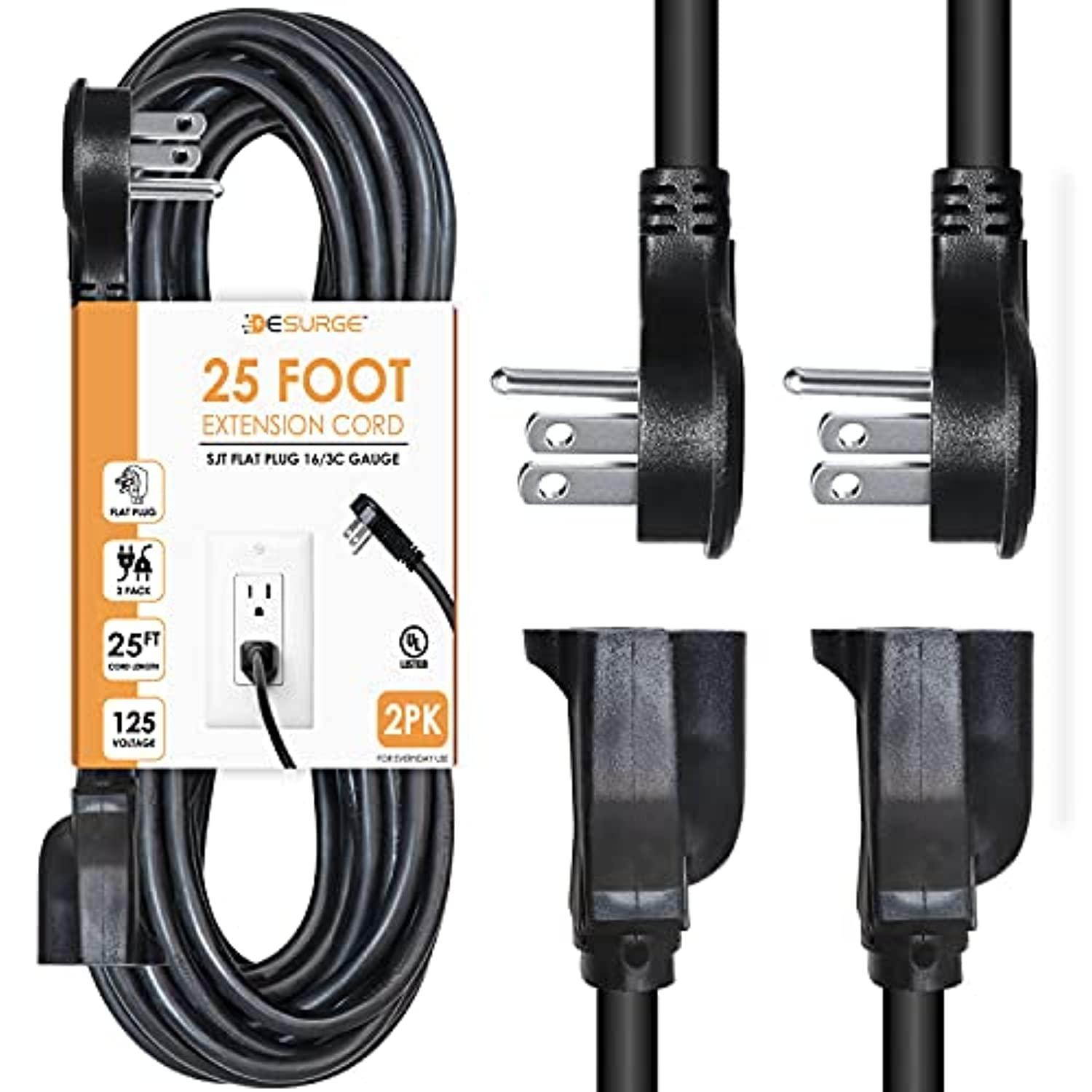 digital energy 3 prong 25 foot flat plug extension cords 2 pack, heavy duty power cords 13a 125v 60hz 1625w, ul listed, black