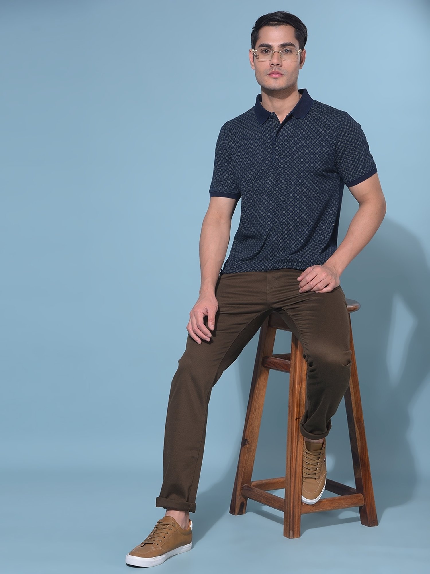 Crimsoune Club Navy Blue Cotton Slim Fit Printed Polo T-Shirt