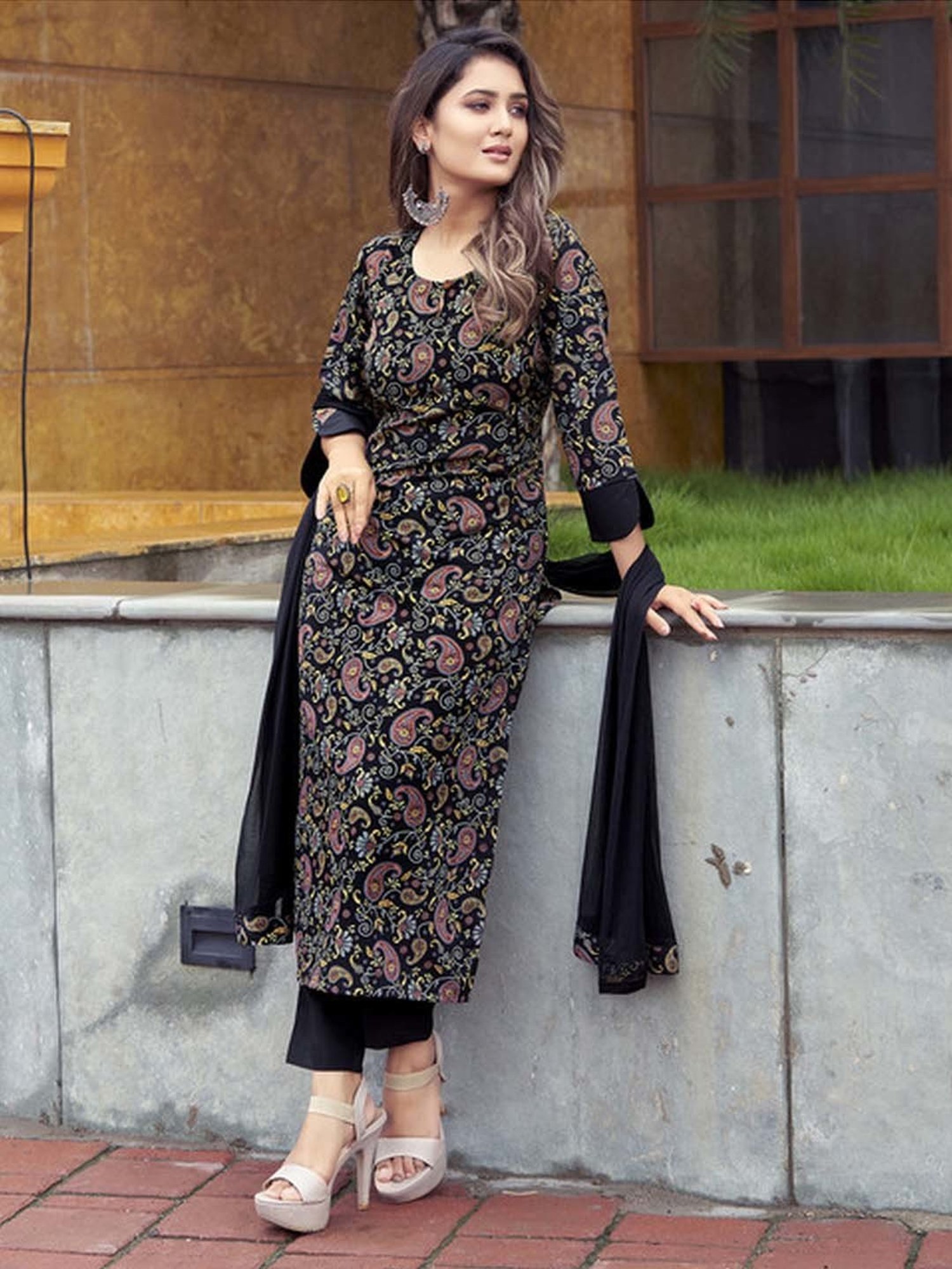 URBAN MYSTIC Black Rayon Embroidered Kurta & Sharara Set