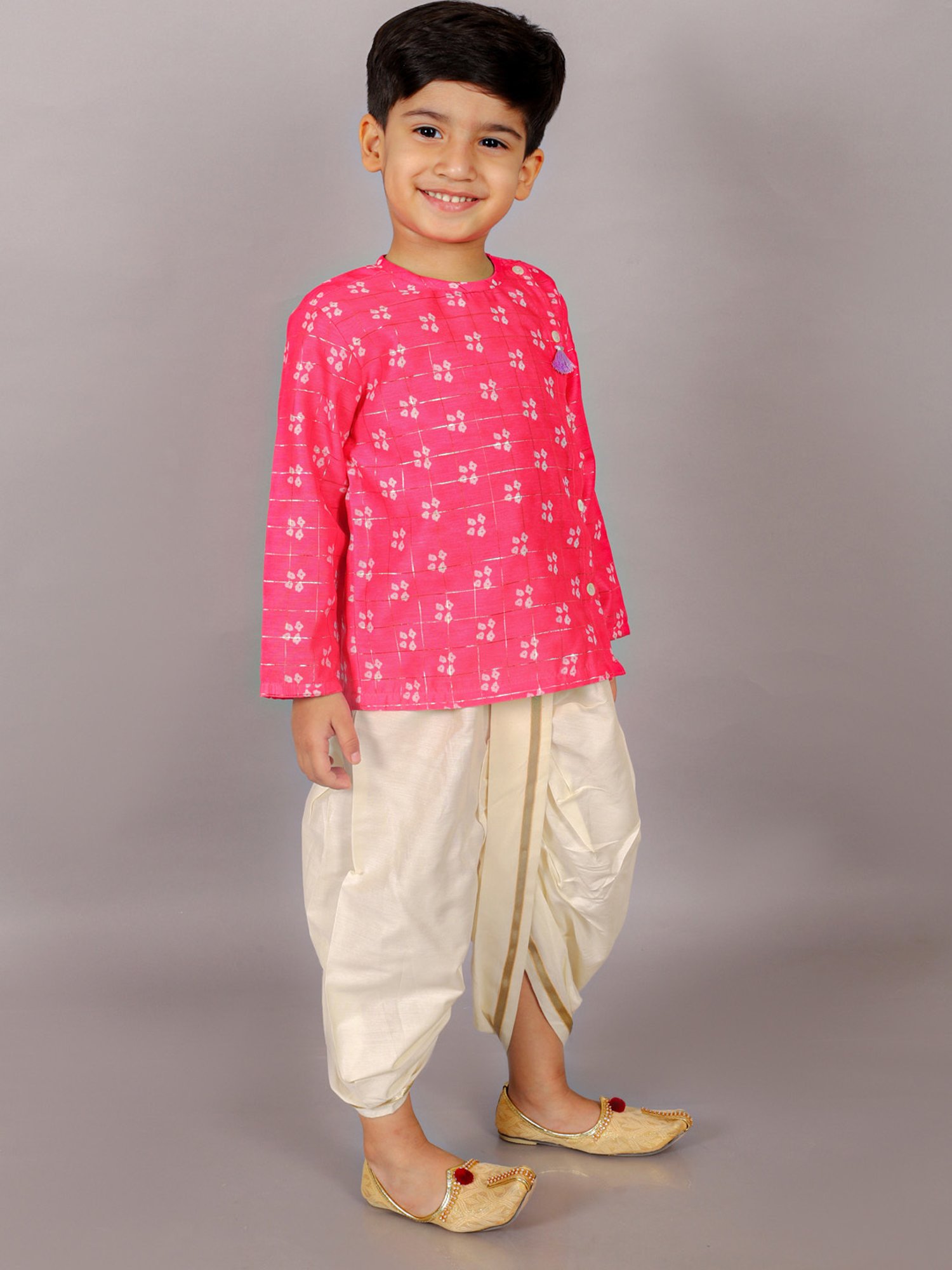 Lil Drama Kids Pink & White Printed Full Sleeves Kurta with Dhoti