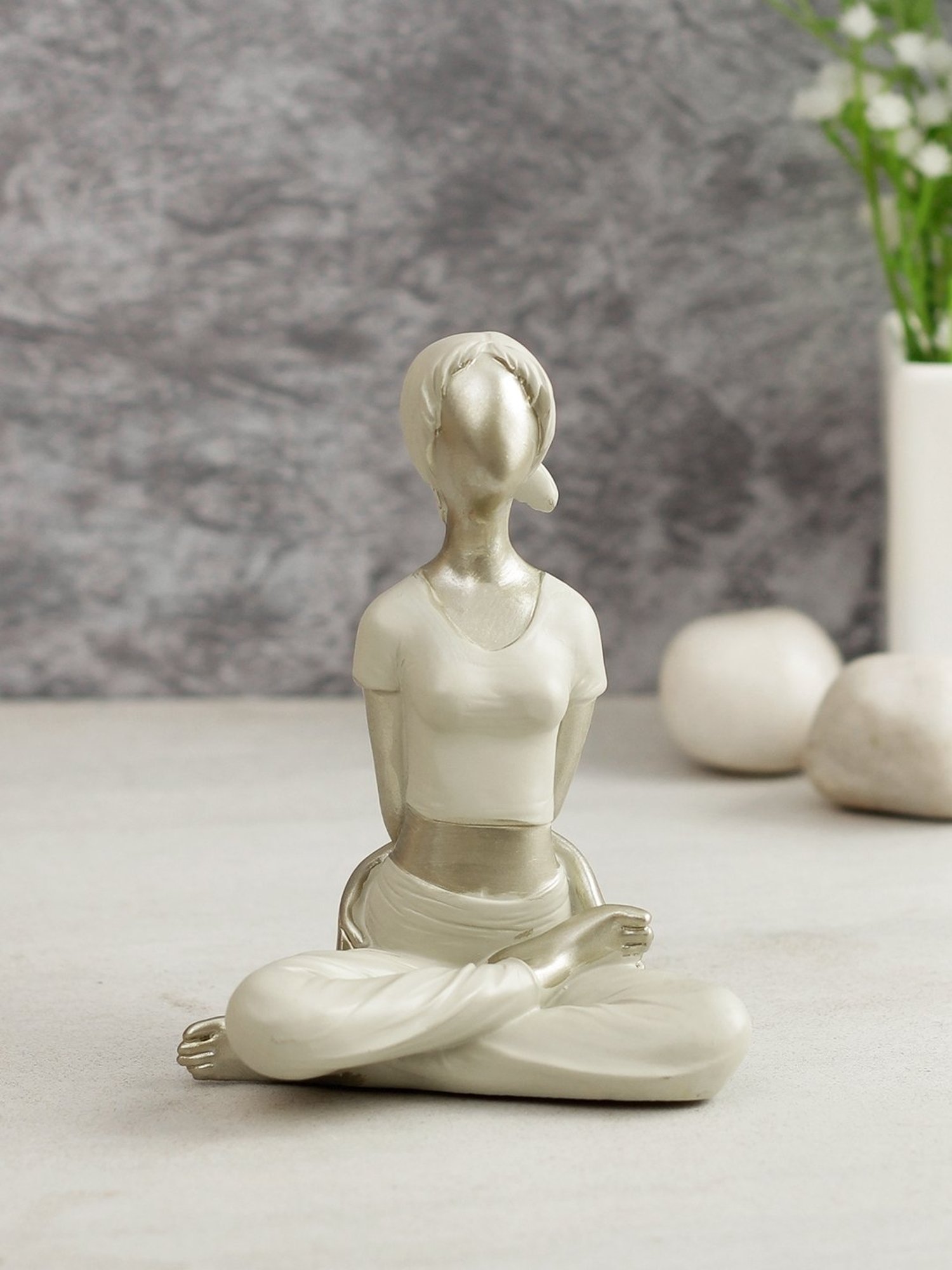 Tayhaa White Polyresin Healthy Yoga Pose Figurine Showpiece - Set of 1