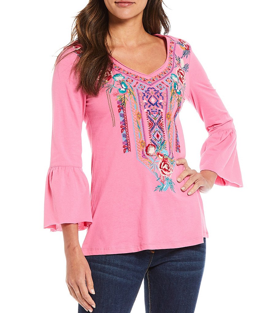Calessa Knit Jersey Floral Embroidery 3/4 Bell Sleeve Shirt