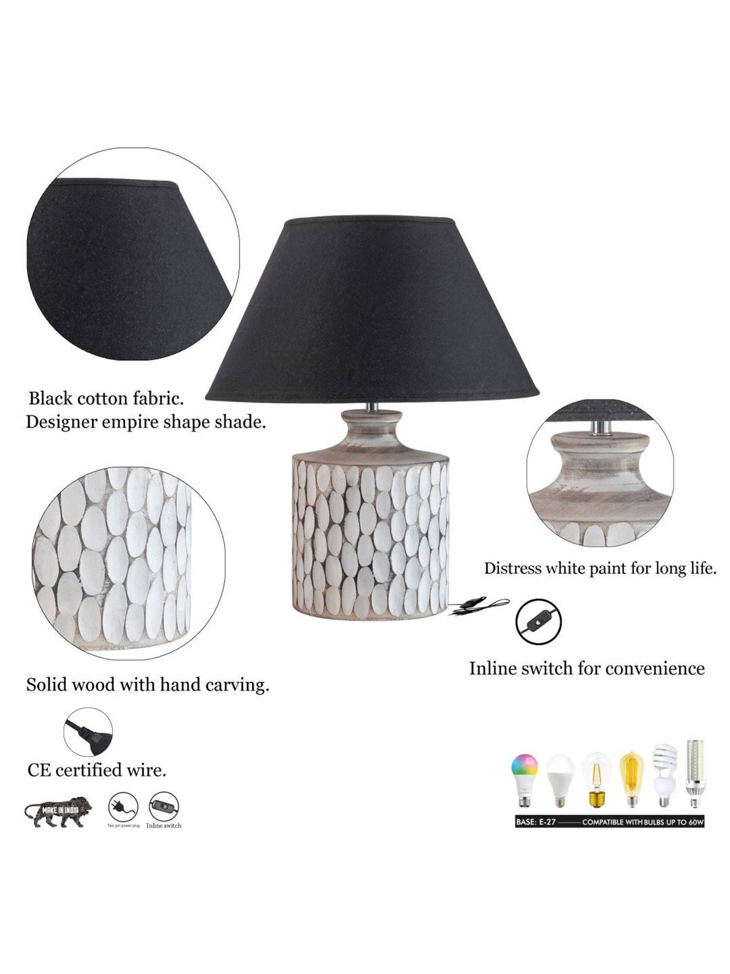 Kapoor Lamp Shades Distress White & Black Wood Garlen Carved Cotton Shade Table Lamp