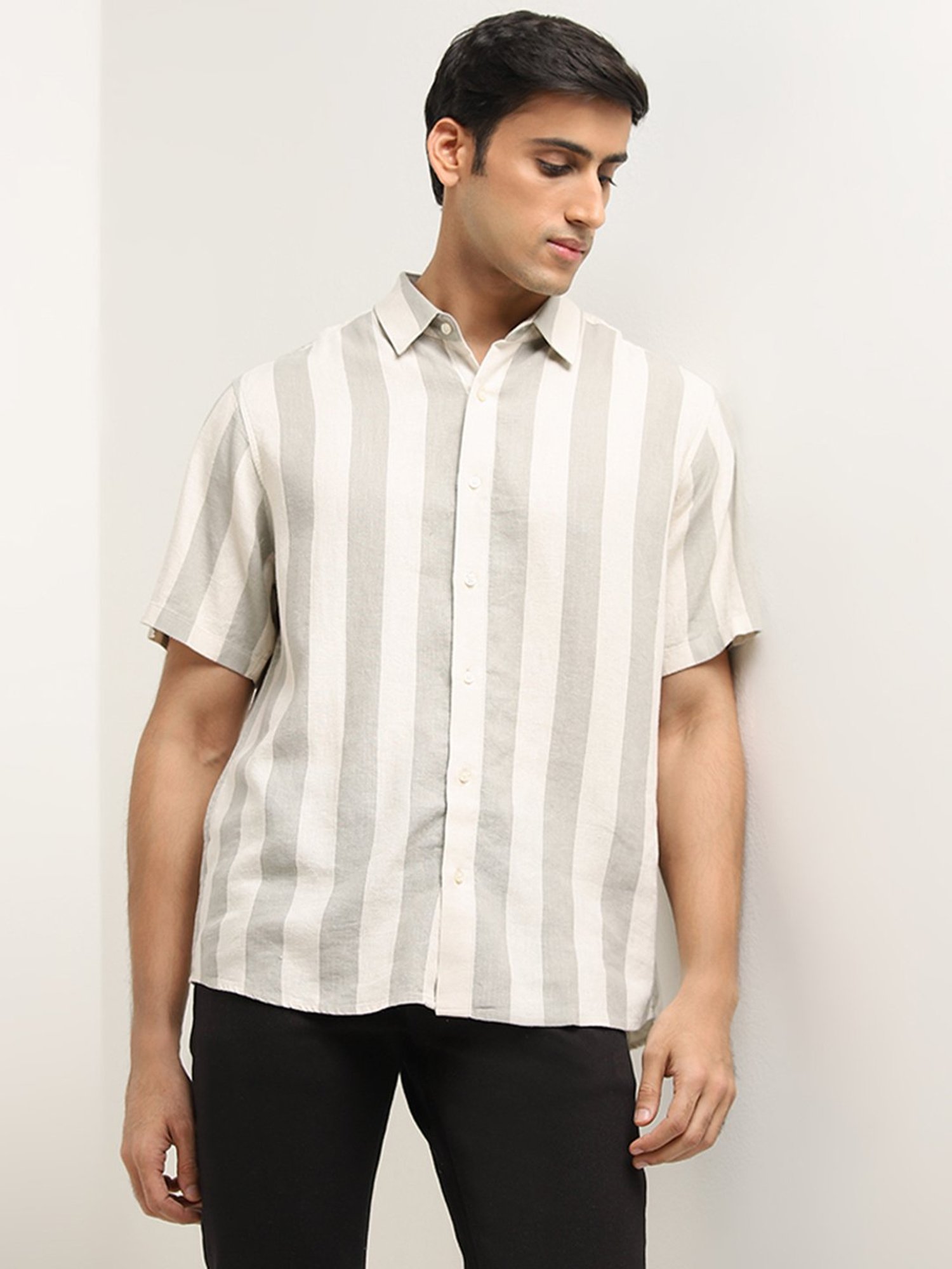 Ascot by Westside Grey Striped Blended Linen Relaxed-Fit Shirt