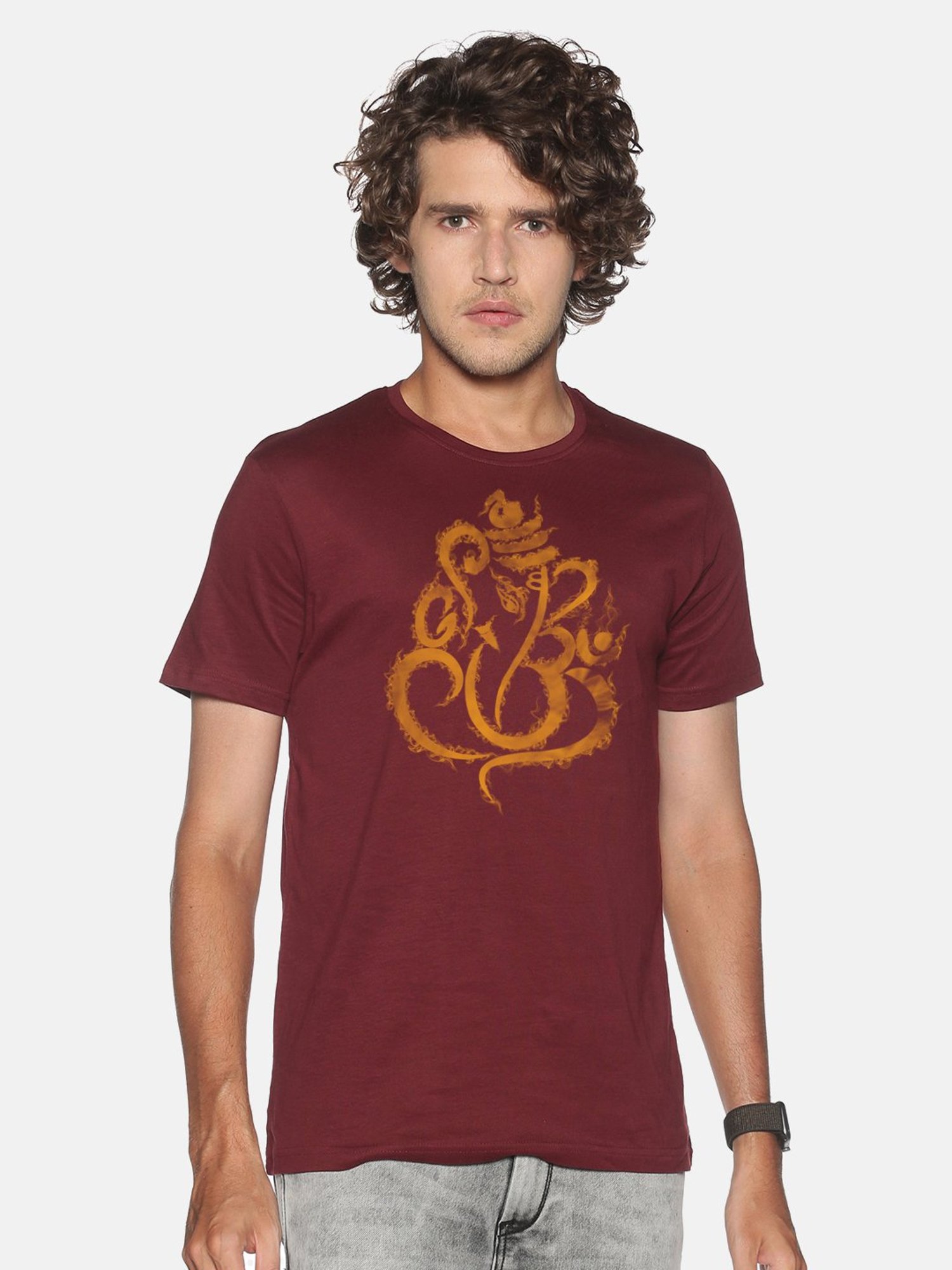 BLACK RADIO Maroon Slim Fit Printed Cotton Crew T-Shirt