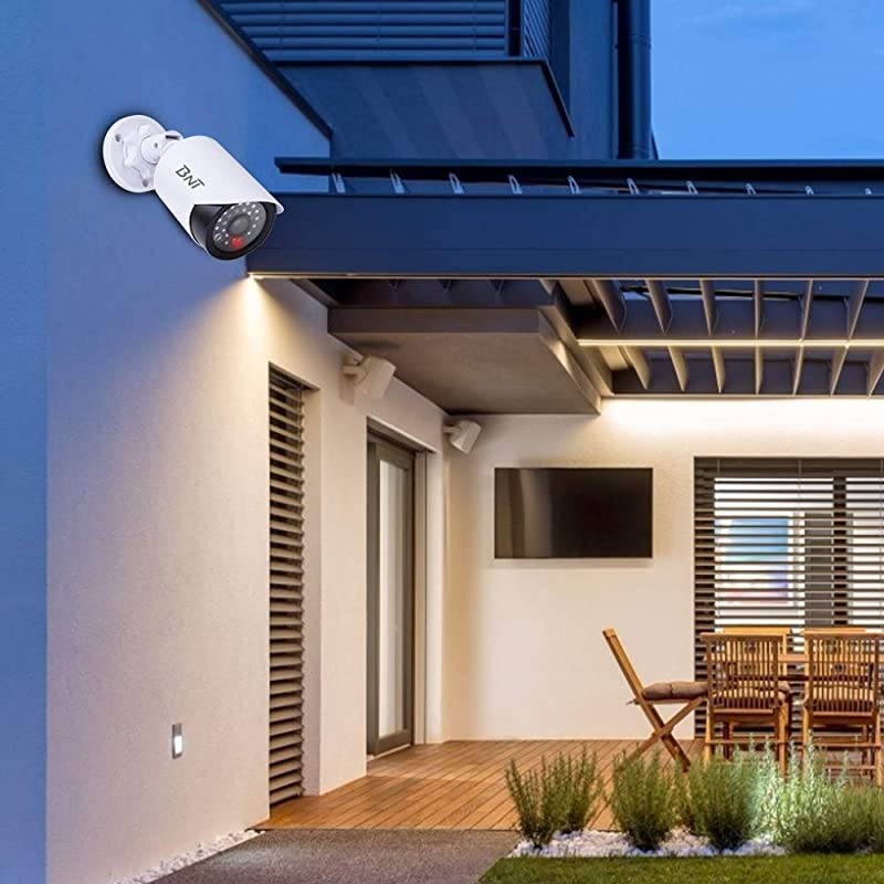 Dummy Fake Security Camera with One Red LED Light at Night for Home and Businesses Security IndoorOutdoor 2 Pack White