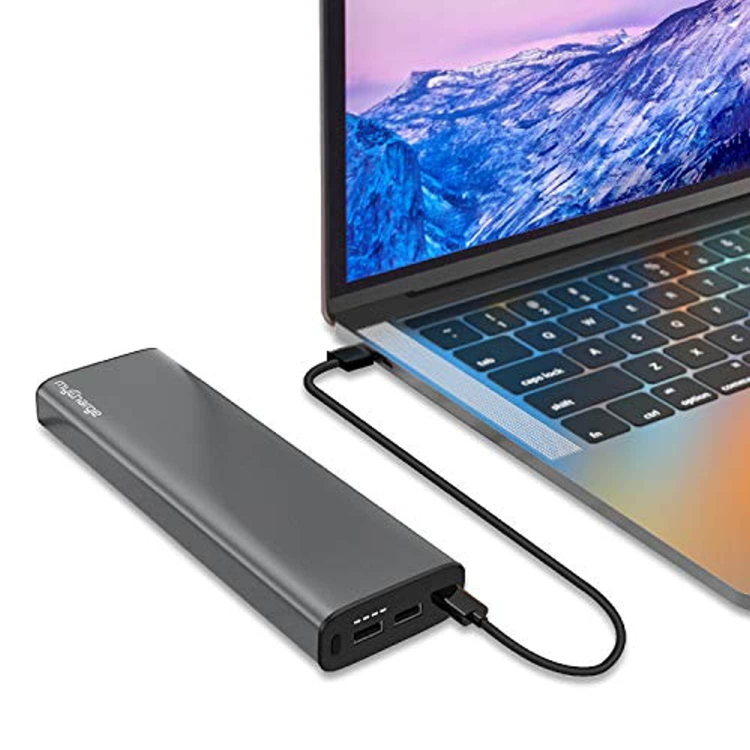 mycharge portable laptop charger 45w / 20100 mah pd usb c fast charge travel power bank battery for apple macbook, hp, dell, le