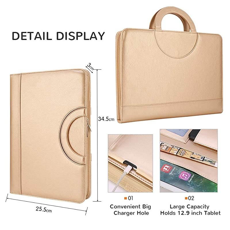 Zippered Leather Padfolio Portfolio with Hidden Handle and Clipboard Business Conference Portfolio Organizer Notepad Folder Portfolio Bag Portfolio Padfolio for WomenMen Gold