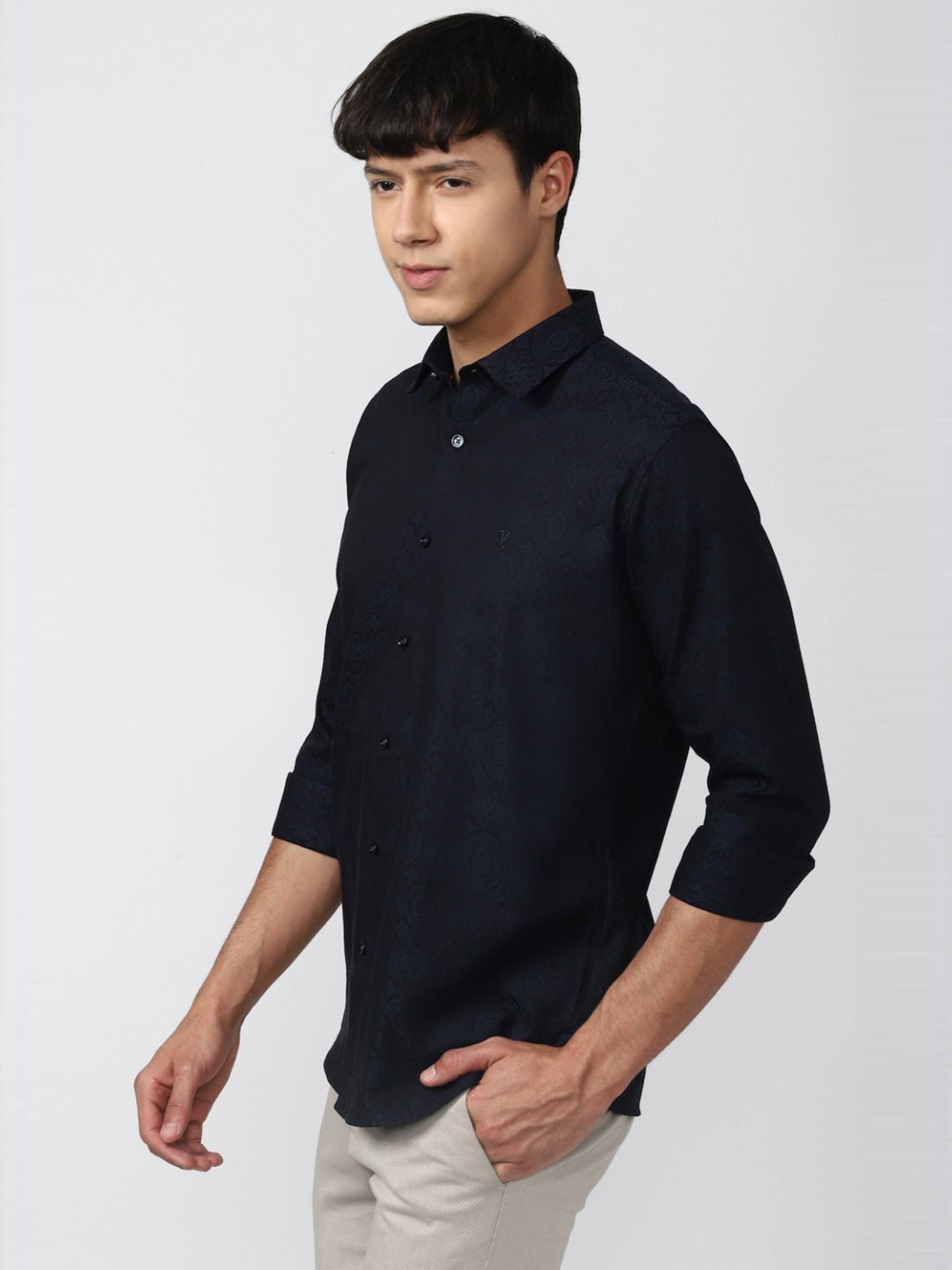 V Dot Navy Blue Cotton Slim Fit Printed Shirt