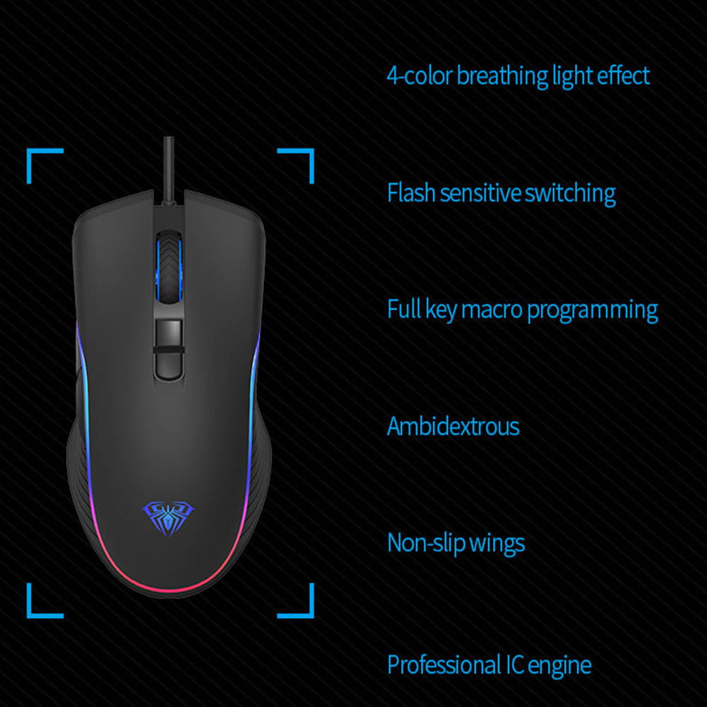 AULA F806 Wired Optical Mouse 4800 DPI with 7 Keys Non-slip Wings Suitable Office and Gaming Mouse, Black