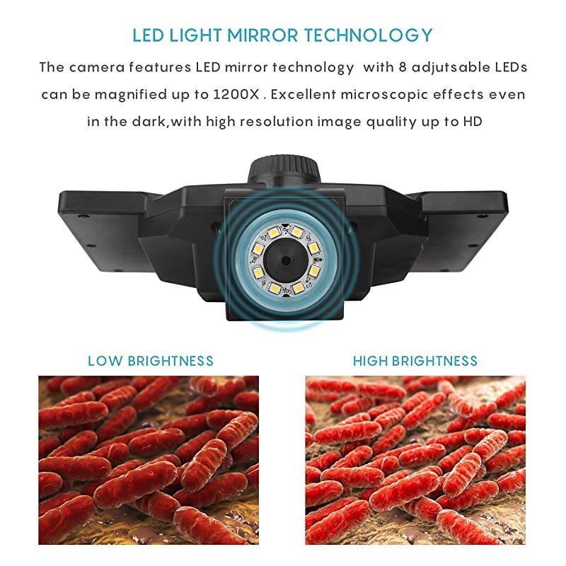 Digital USB Microscope 7 inch HD Screen 1200X Magnification Camera Video Recorder with Rechargeable Battery,8 LED Lights for Soldering PCB Circuit Board Repair Coins Insect