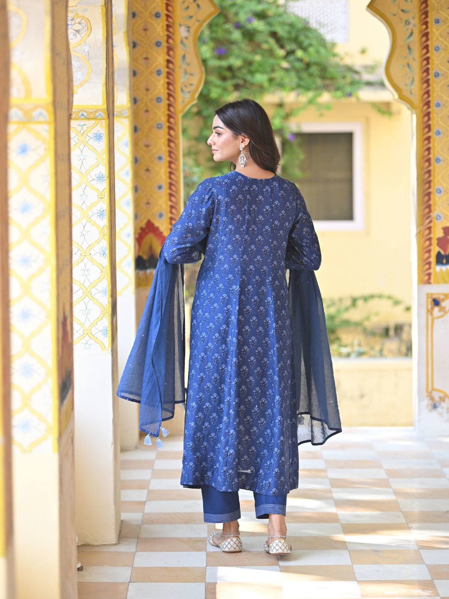 Mahee Jaipur Blue Indigo Block Panel Print Muslin Suit Set With Kota Doriya Dupatta