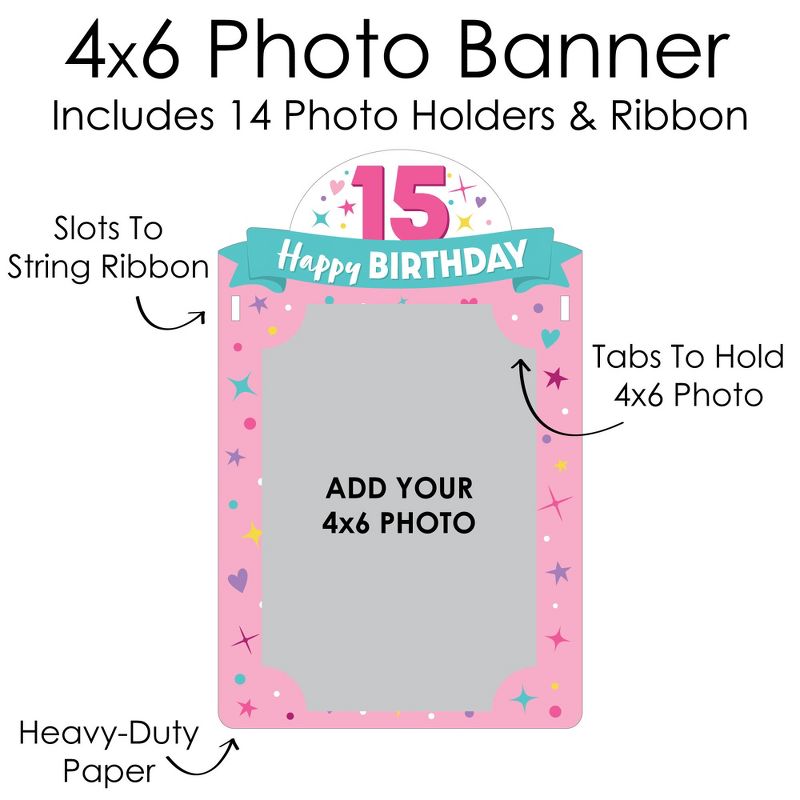Big Dot of Happiness Girl 15th Birthday - DIY Teen Birthday Party Decor - Picture Display - Photo Banner