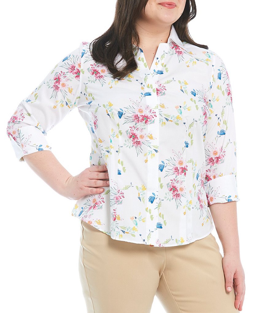 Investments Plus Size Taylor Gold Label Non-Iron Point Collar Y-Neck 3/4 Sleeve Button Front Floral Print Shirt