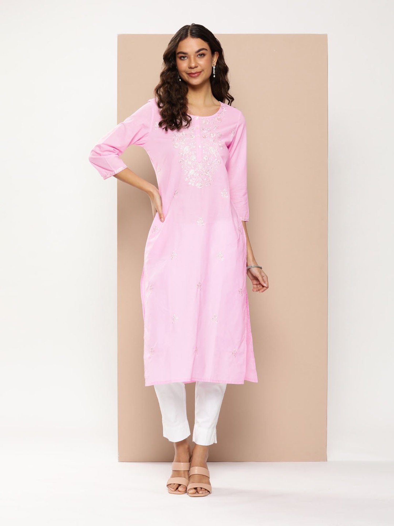 Amukti Light Pink Cotton Embroidered Straight kurta
