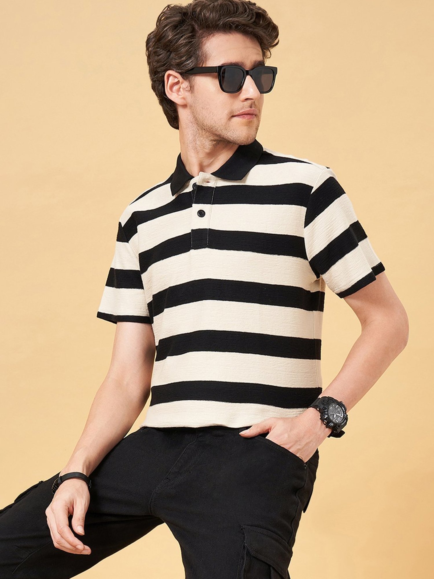 People by Pantaloons Jet Black Cotton Regular Fit Striped Polo T-Shirt